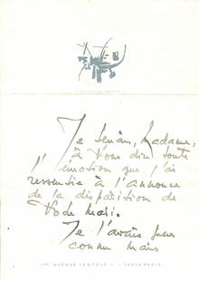MATHIEU GEORGES: (1921-2012): MATHIEU GEORGES: (1921-2012) French abstract painter. A.L.S., Mathieu, three pages (separate leaves), 4to, Avenue Léopold, Paris, 30th December 1991, to the widow of François Billetdoux, on printed