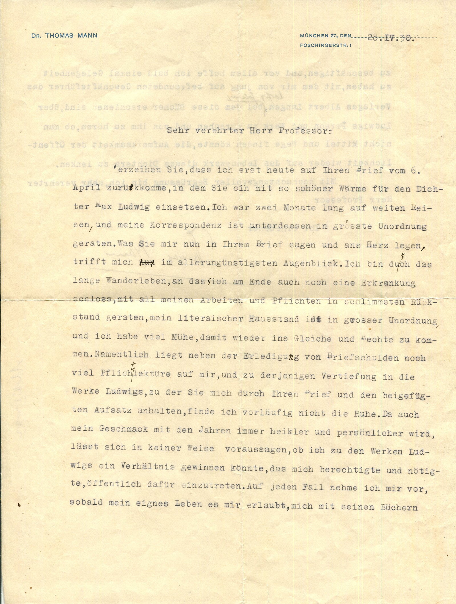 MANN THOMAS: (1875-1955) ´ my taste has become increasingly discerning and personal over the: MANN THOMAS: (1875-1955) German novelist, Nobel Prize winner for Literature, 1929. A good T.L.S., Thomas Mann, two pages, 4to, Munich, 28th April 1930, to a Professor, in German. Mann apologises for t