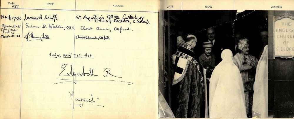 VISITORS BOOK: An oblong small 4to Visitors Book from T: VISITORS BOOK: An oblong small 4to Visitors Book from The English Church of Saint George in Paris containing many signatures from 1949-75 including Queen Elizabeth, the Queen Mother, Princess Margaret