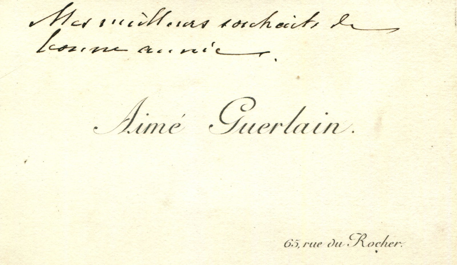 GUERLAIN AIME: (1834-1910): GUERLAIN AIME: (1834-1910) French master perfumer, son of the founder of Guerlain, Pierre-Francois Pascal Guerlain. The personal printed oblong 12mo Visiting Card of Guerlain, unsigned, featuring his