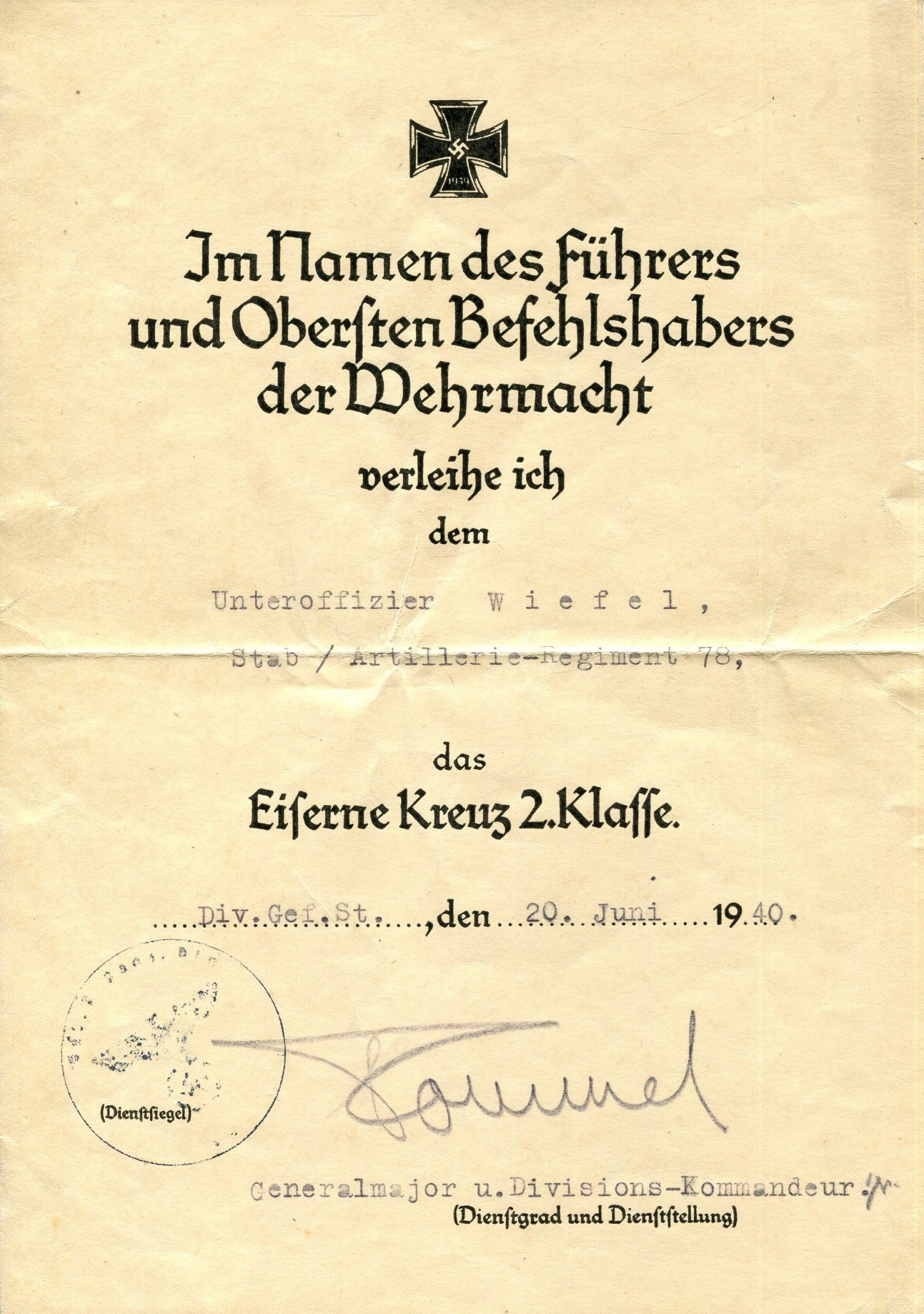 ROMMEL ERWIN: (1891-1944): ROMMEL ERWIN: (1891-1944) German Field Marshal of World War II. D.S., Rommel, in pencil, one page, 8vo, Division Command Post, 20th June 1940, in German. The partially printed document, completed in t