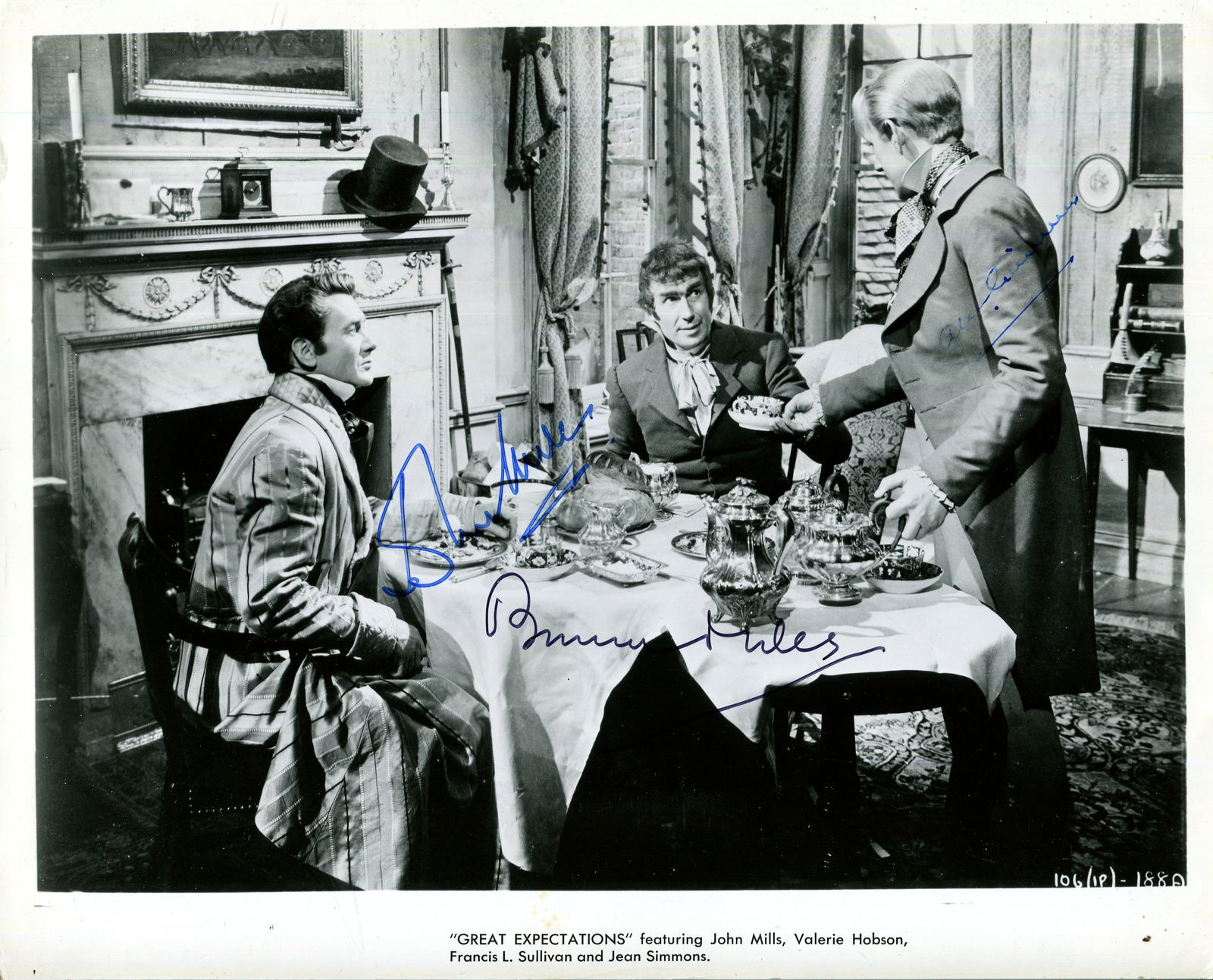 GREAT EXPECTATIONS:: GREAT EXPECTATIONS: Signed 10 x 8 photograph by John Mills (Pip), Bernard Miles (Joe Gargery), and Alec Guinness (Herbert Pocket) individually, the image depicting the three actor