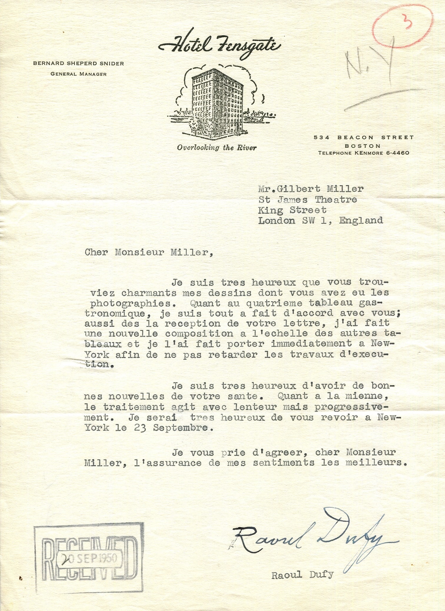 DUFY RAOUL: (1877-1953): DUFY RAOUL: (1877-1953) French Fauvist painter. T.L.S., Raoul Dufy, one page, 4to, Beacon Street, Boston, n.d. (September 1950), to Gilbert Miller at the St. James´s Theatre in London, on the printed