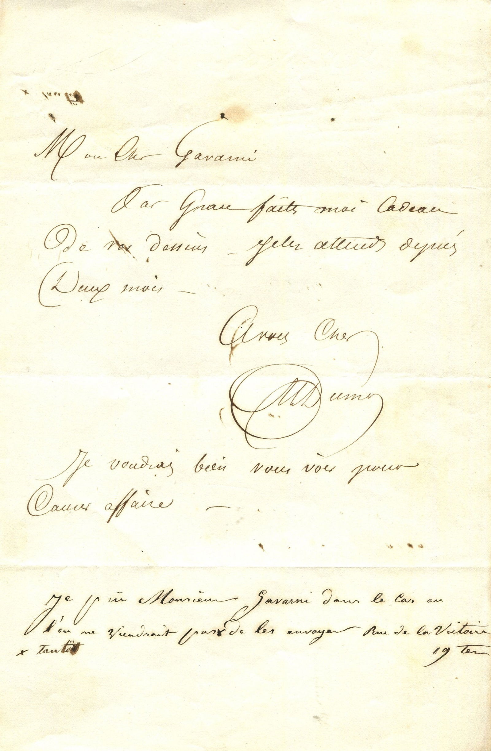 DUMAS ALEXANDRE Pere: (1802-1870): DUMAS ALEXANDRE Pere: (1802-1870) French Writer whose works include The Three Musketeers. A clean A.L.S., `Al Dumas´, one page, 8vo, n.p. [Paris], n.d., to Paul Gavarni, in French. A good content let