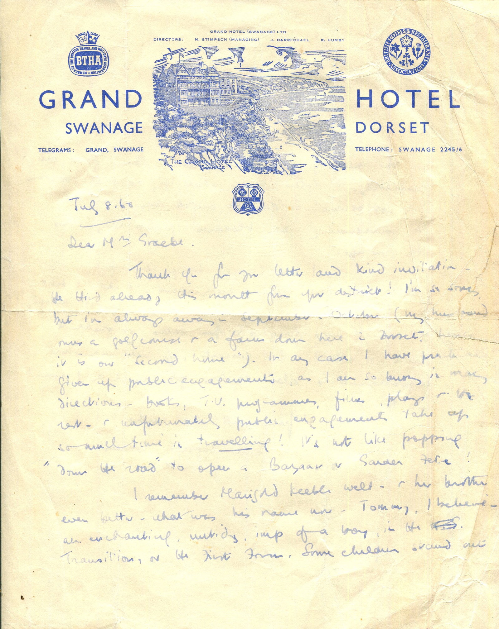 BLYTON ENID: (1897-1968) ´ Some children stand out in the memory for years & years, others fade: BLYTON ENID: (1897-1968) English children's writer. A good A.L.S., Enid Darrell Waters (her married name, and a scarce form of her signature), two pages, 4to, Swanage, Dorset, 8th July 1968, to Mrs. G