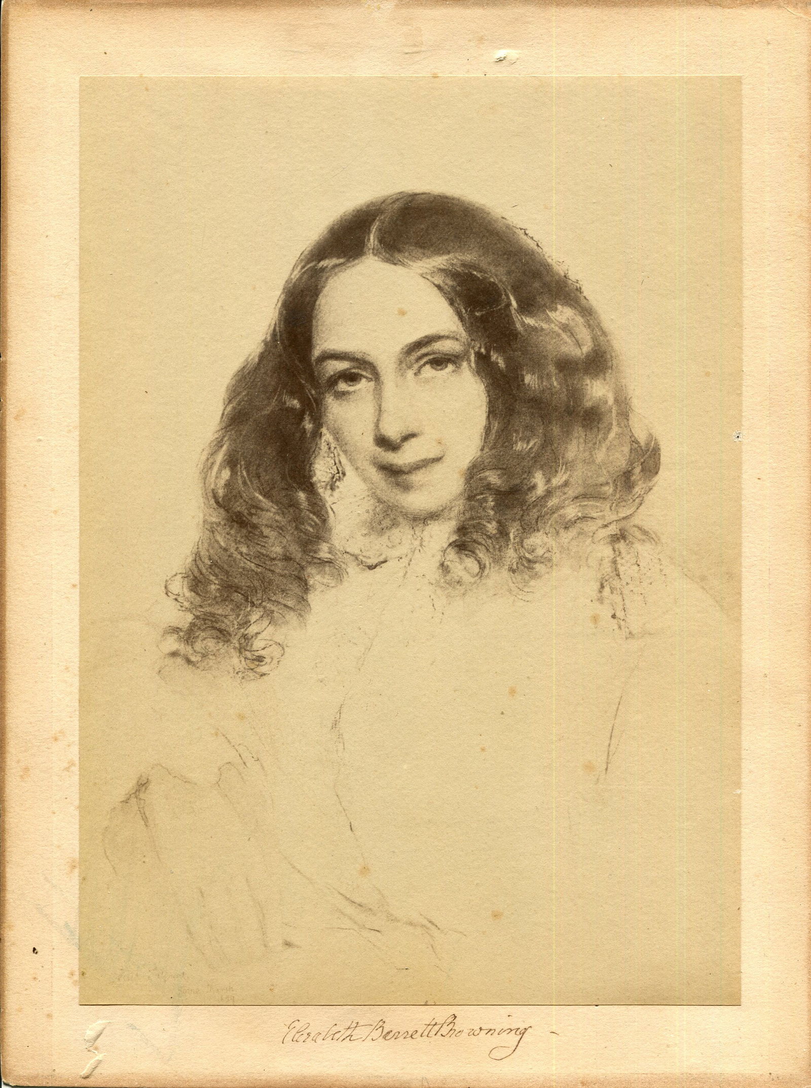 BARRETT BROWNING ELIZABETH: (1806-1861) An exquisite & important signed portrait: BARRETT BROWNING ELIZABETH: (1806-1861) English poet of the Victorian era, wife of Robert Browning from 1846-61. A very fine, important and extremely rare vintage signed sepia 8 x 10.75 photograph, th