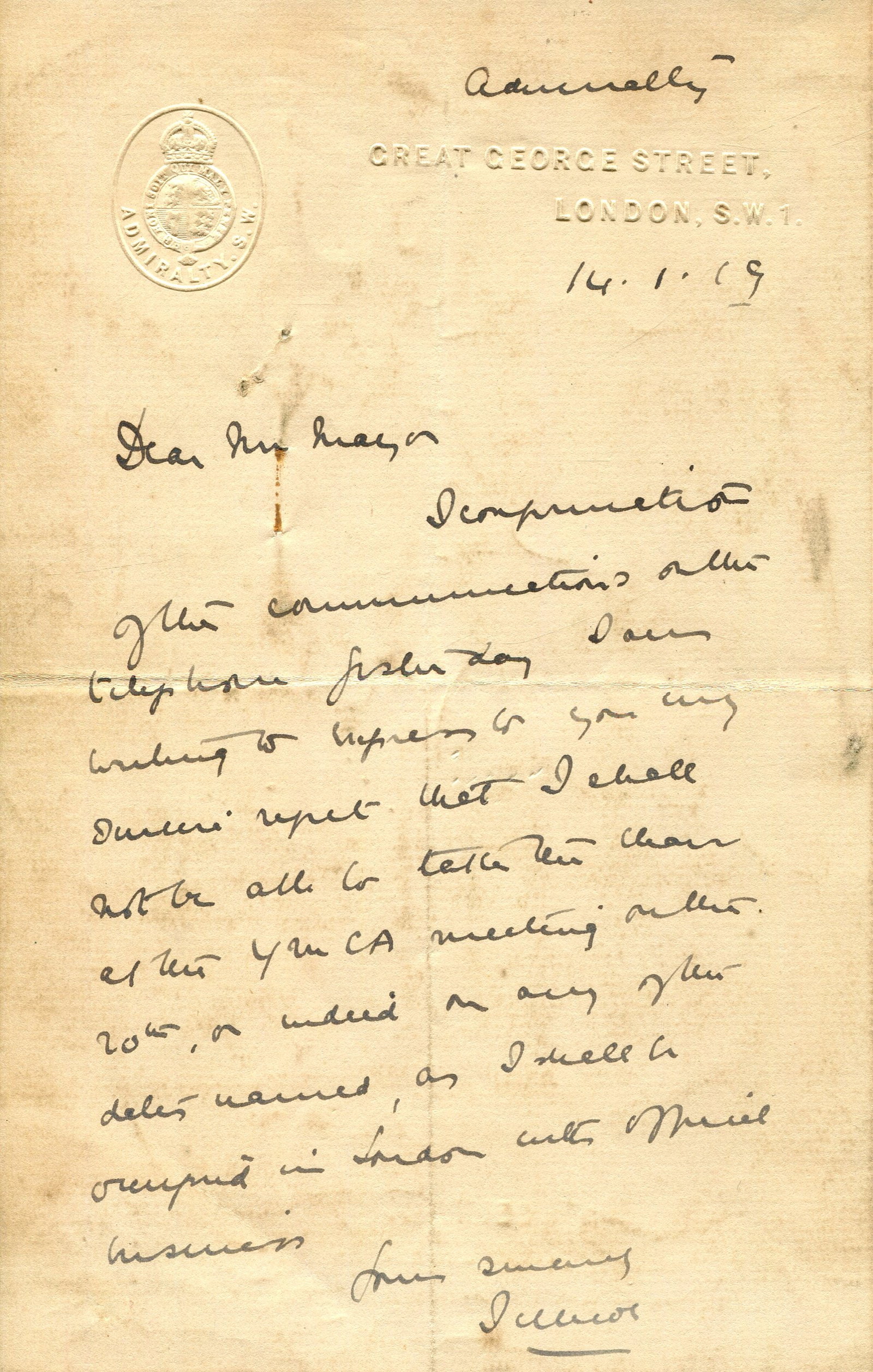 JELLICOE JOHN: (1859-1935): JELLICOE JOHN: (1859-1935) British Admiral of the Fleet who commanded the Grand Fleet at the Battle of Jutland in May 1916 during World War I. A.L.S., Jellicoe, one page, 8vo, Great George Street, Lon