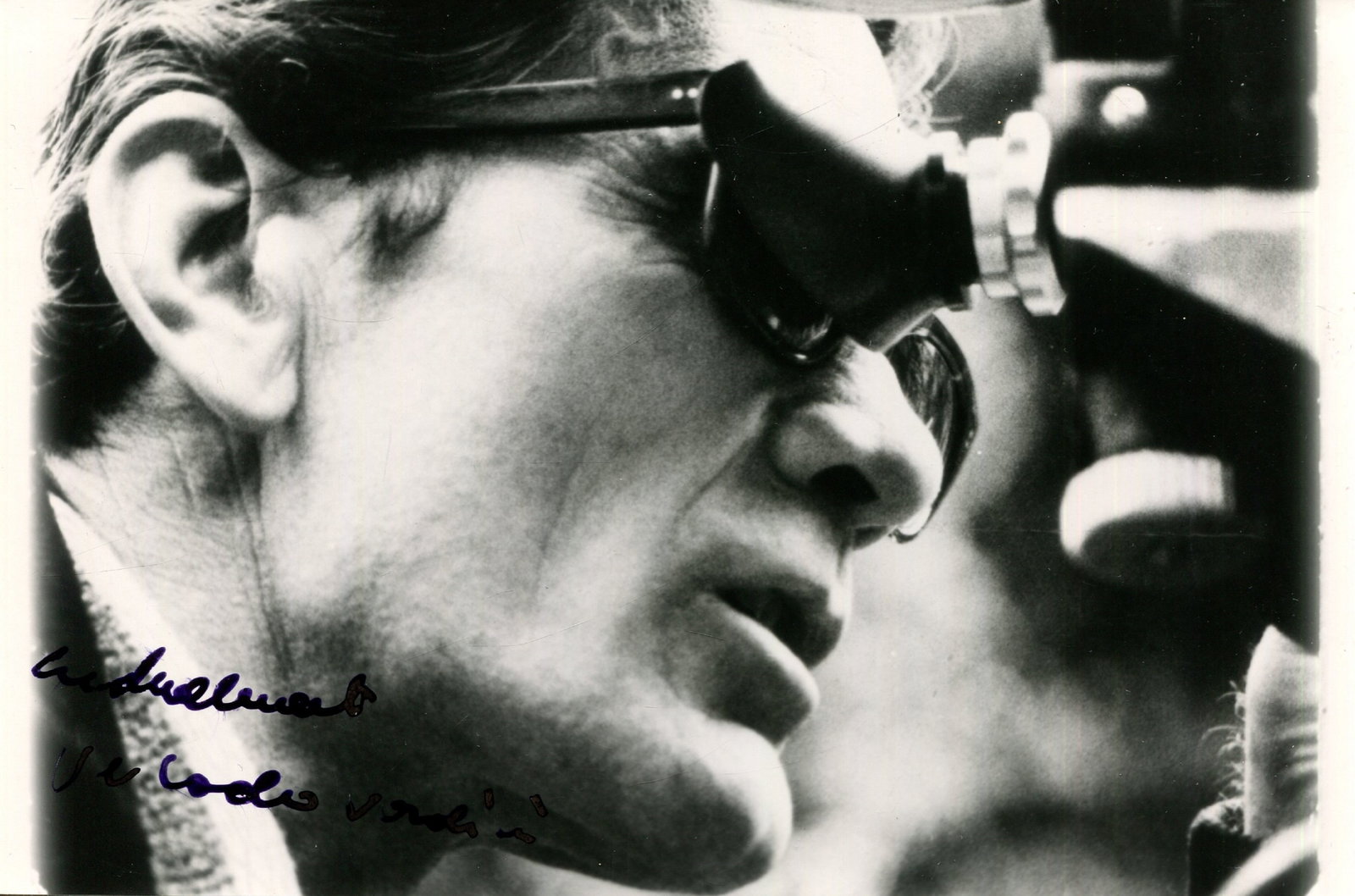 PASOLINI PIER PAOLO: (1922-1975): PASOLINI PIER PAOLO: (1922-1975) Italian Film Director, Poet and Writer. Rare signed 7 x 4.5 photograph by Pasolini. The unusual and attractive image shows the Italian dirrctor in a close-up portrait