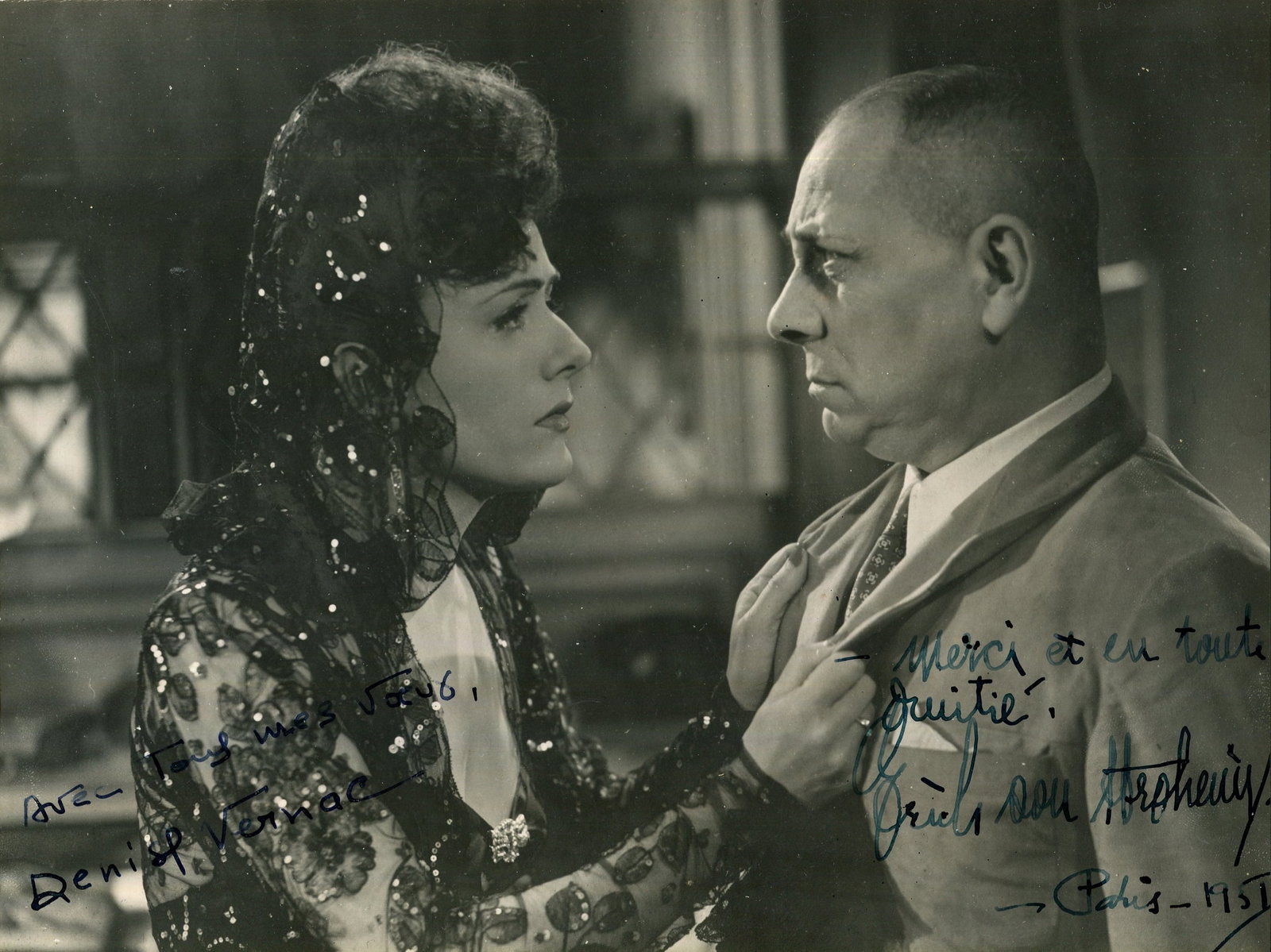 THE DANCE OF DEATH:: THE DANCE OF DEATH: Vintage signed 8.5 x 6.5 photograph by both Erich von Stroheim (Edgar) and Denise Vernac (Théa) individually, the image depicting the actors (who were romantically involved