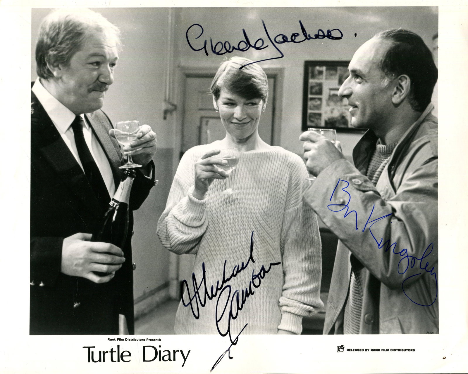 TURTLE DIARY:: TURTLE DIARY: Signed 10 x 8 photograph by Glenda Jackson (popualar children´s author Neaera Duncan), Ben Kingsley (bookstore assistant William Snow), and Michael Gambon (zookeeper George Fairbairn)
