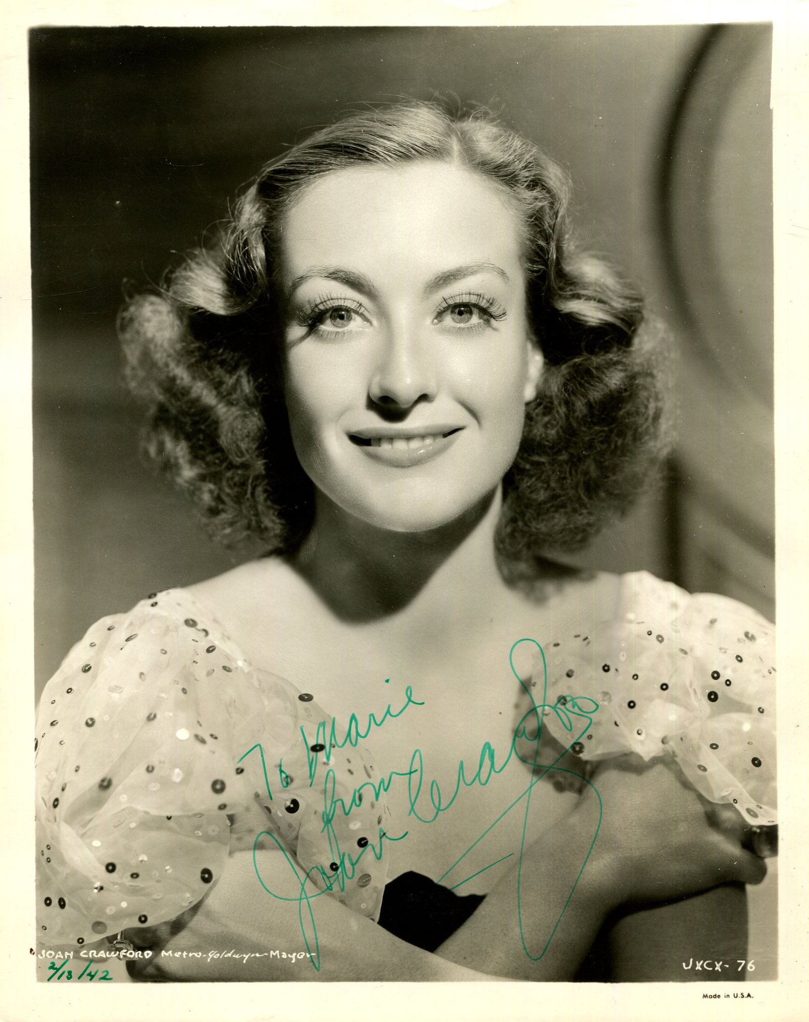 CRAWFORD JOAN: (1905-1977): CRAWFORD JOAN: (1905-1977) American actress, Academy Award winner for Best Actress in 1945 for her role as Mildred Pierce Beragon in Mildred Pierce. A good vintage signed and inscribed 8 x 10 photogra