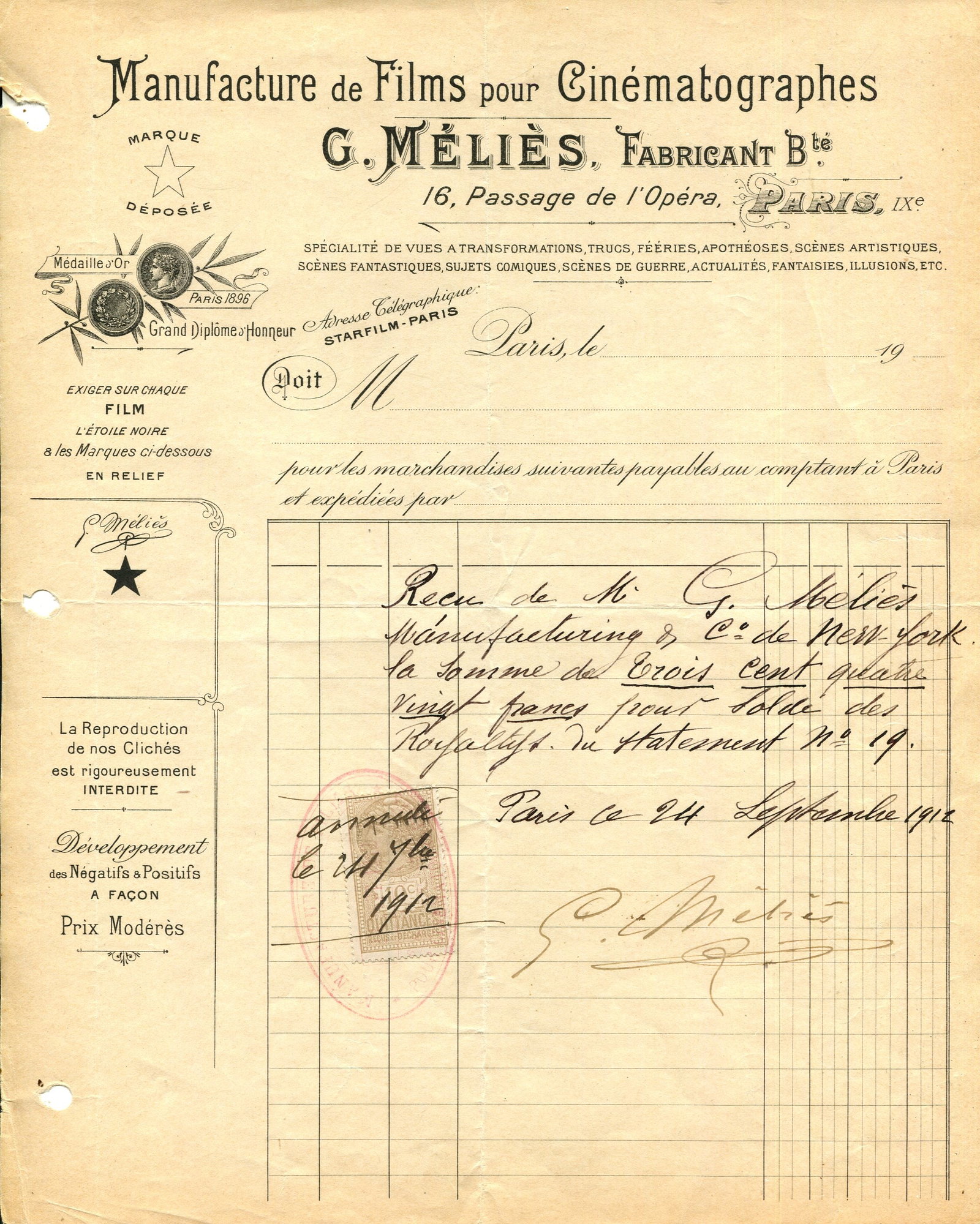 MÉLIÈS GEORGES: (1861-1938): MÉLIÈS GEORGES: (1861-1938) French Film Director, a pioneer of cinema and innovator in the use of special effects. Rare D.S., G. Melies, one page, 4to, 16 Passage de l´Opéra, Paris, 24th