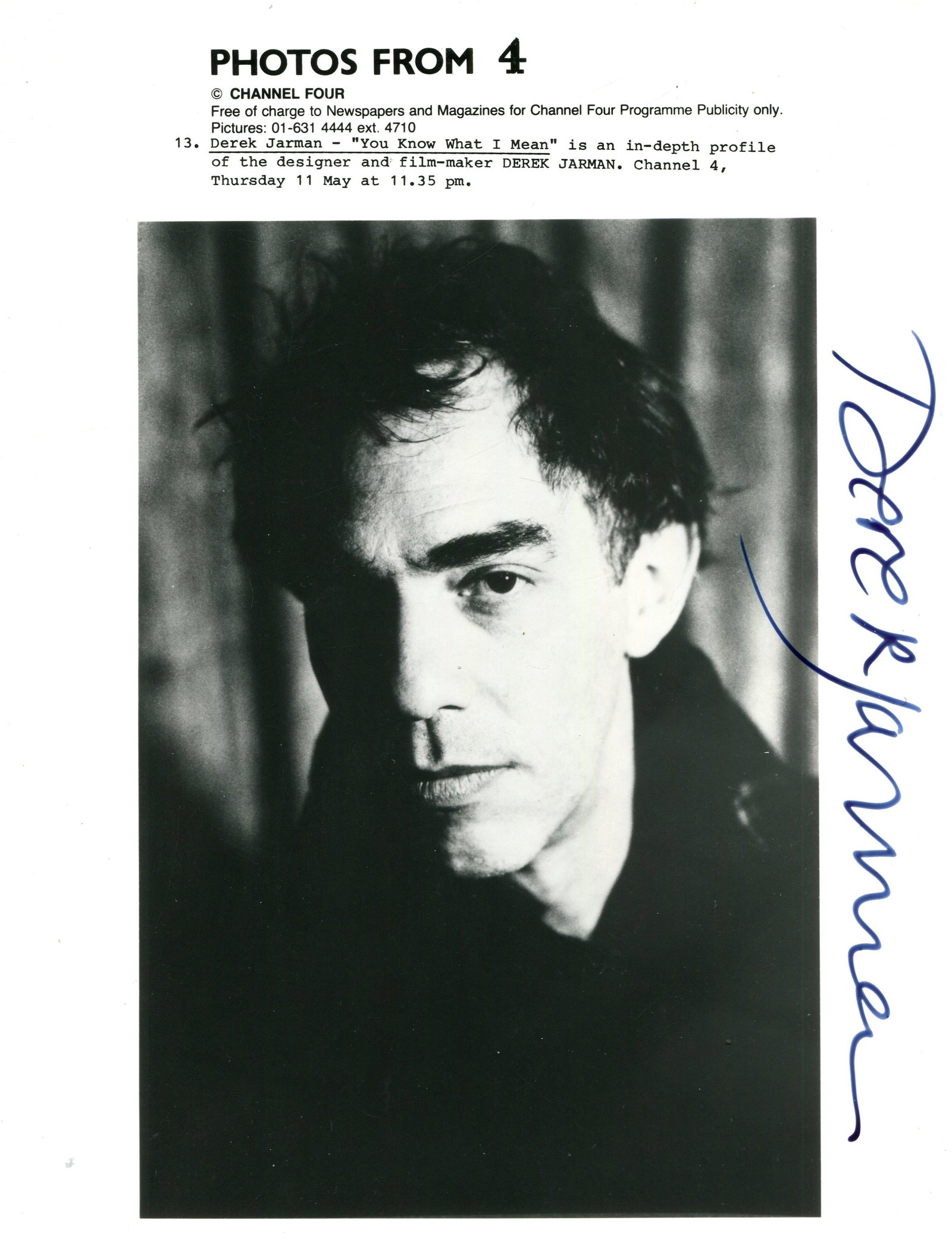 JARMAN DEREK: (1942-1994): JARMAN DEREK: (1942-1994) English film director, artist and gay rights activist. A scarce signed 6.5 x 8.5 photograph of Jarman in a head and shoulders pose, issued by Channel Four television and