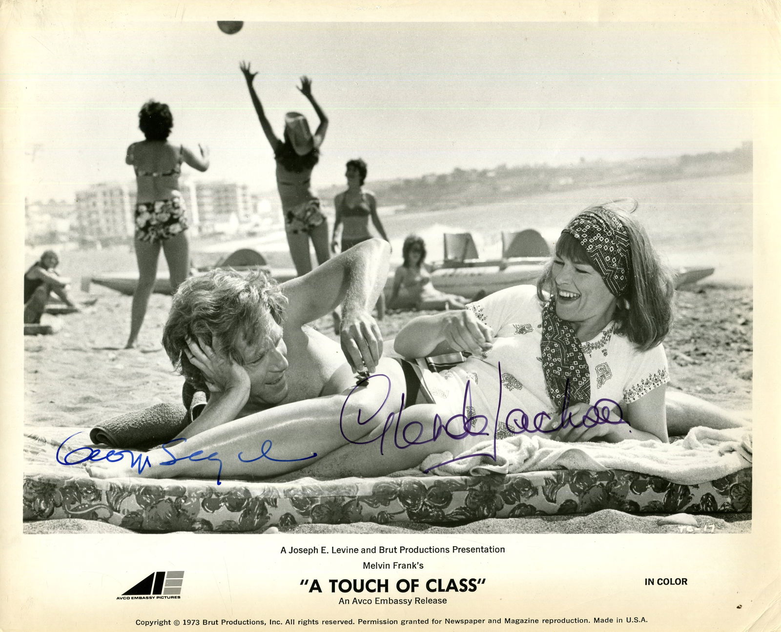 A TOUCH OF CLASS:: A TOUCH OF CLASS: Signed 10 x 8 photograph by both George Segal (Steve Blackburn) and Glenda Jackson (Vickie Allessio) individually, the image depicting the lovers in relaxed full-length poses on the