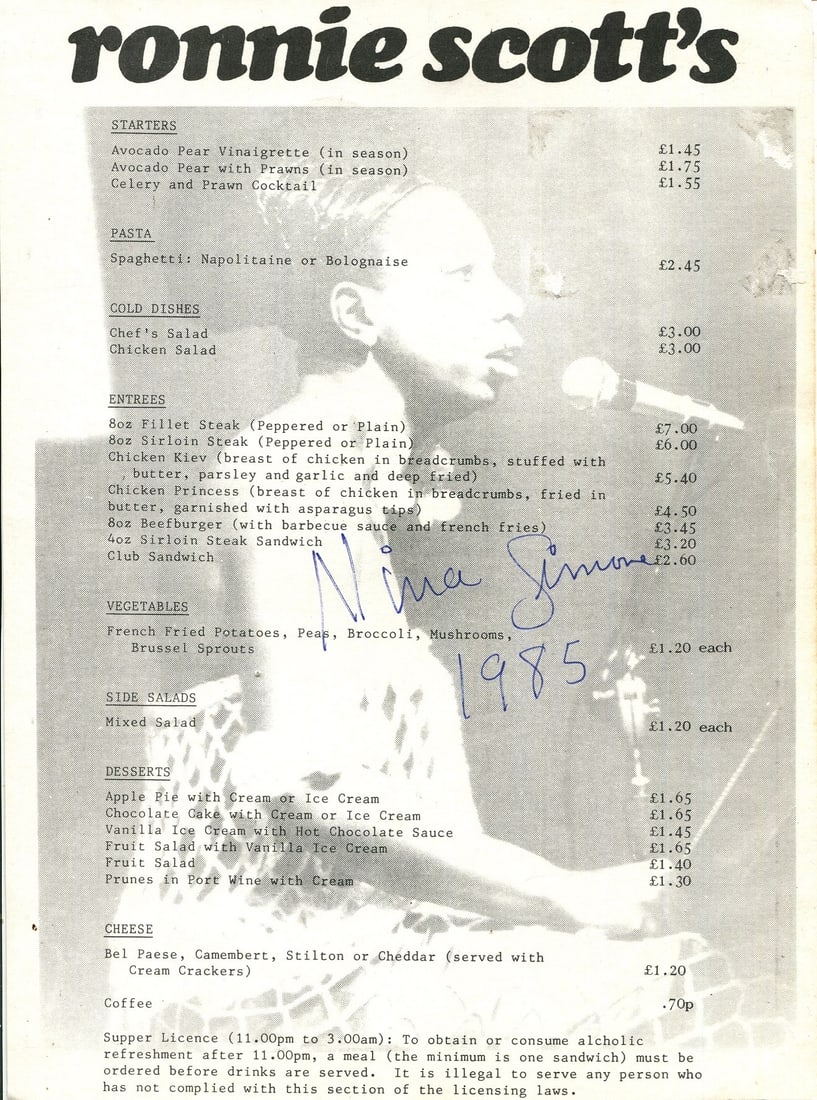 SIMONE NINA: (1933-2003): SIMONE NINA: (1933-2003) American singer, songwriter and pianist. A double-sided printed 4to menu card from Ronnie Scott´s Jazz Club in Soho, London, featuring two different background images of