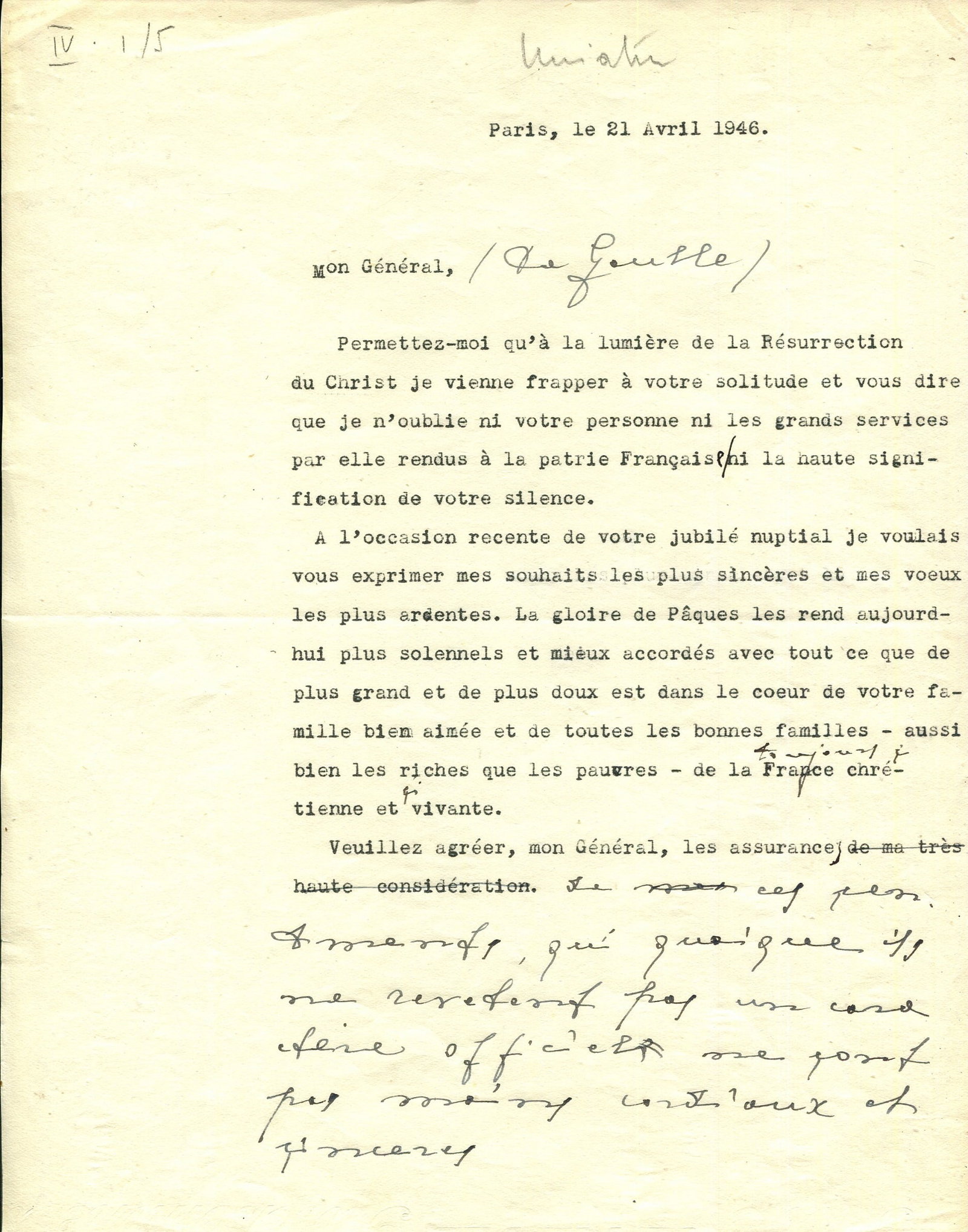 JOHN XXIII: (1881-1963) The future Pope drafts a letter to De Gaulle following the General´´ s (1 of 1)
