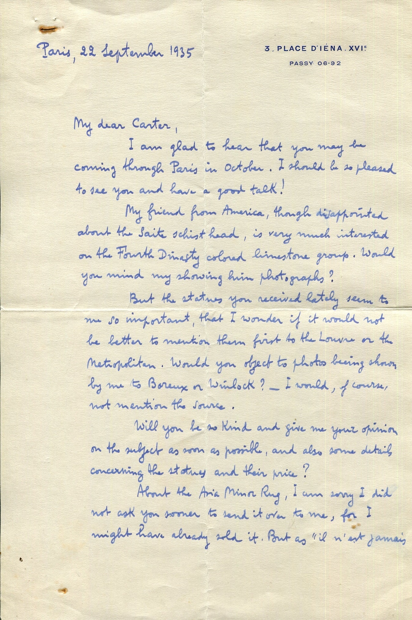 [CARTER HOWARD]: (1874-1939) LOREY EUSTACHE DE: (1875-1953): [CARTER HOWARD]: (1874-1939) English archaeologist and Egyptologist who discovered the Tomb of Tutankhamun in 1922. LOREY EUSTACHE DE: (1875-1953) French diplomat, archaeologist, collector and