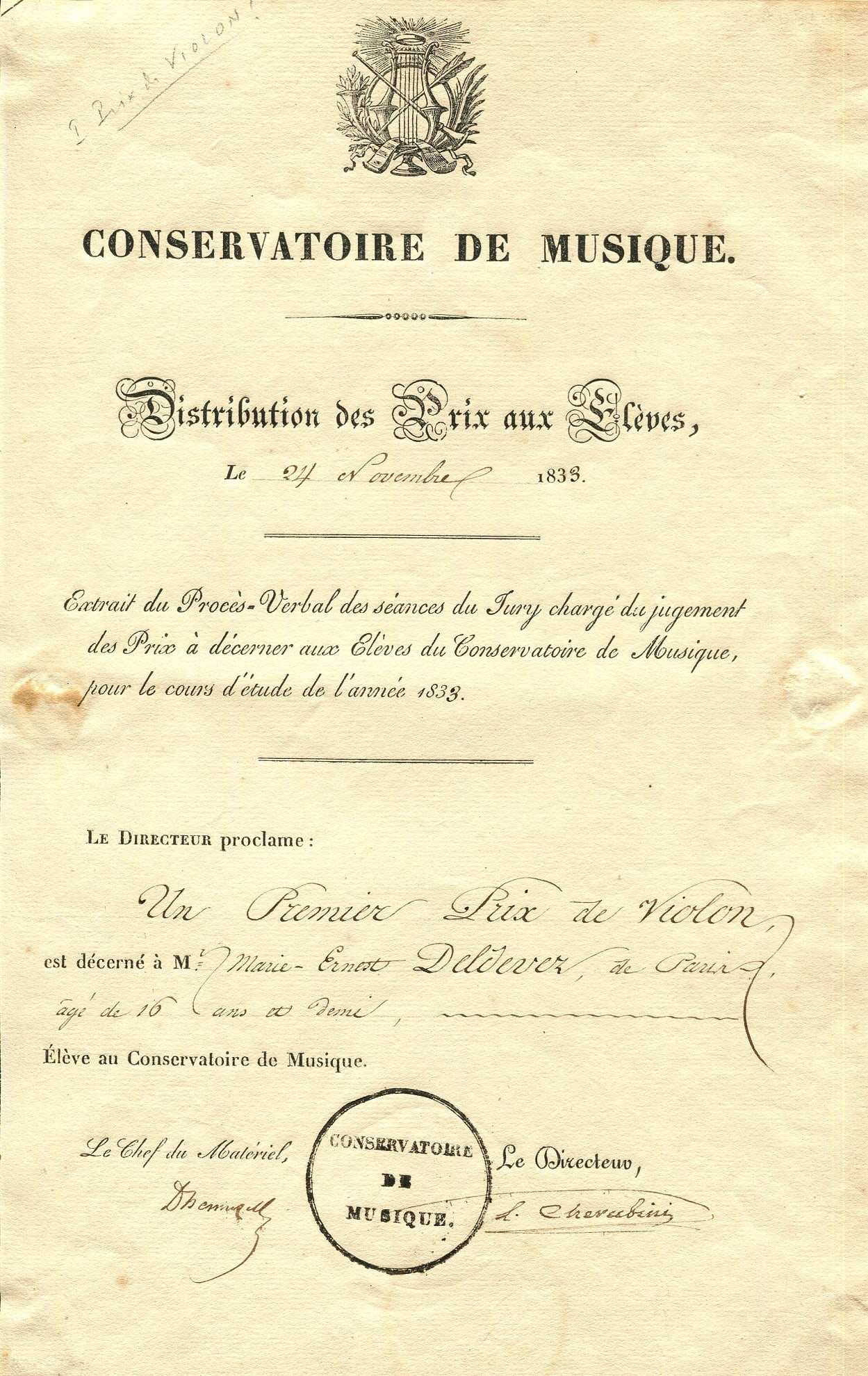CHERUBINI LUIGI: (1760-1842): CHERUBINI LUIGI: (1760-1842) Italian Composer. D.S., `L. Cherubini´, one page, 4to, [Paris], 24th November 1833, in French. The partially printed document, bearing the heading of the Conservatory of