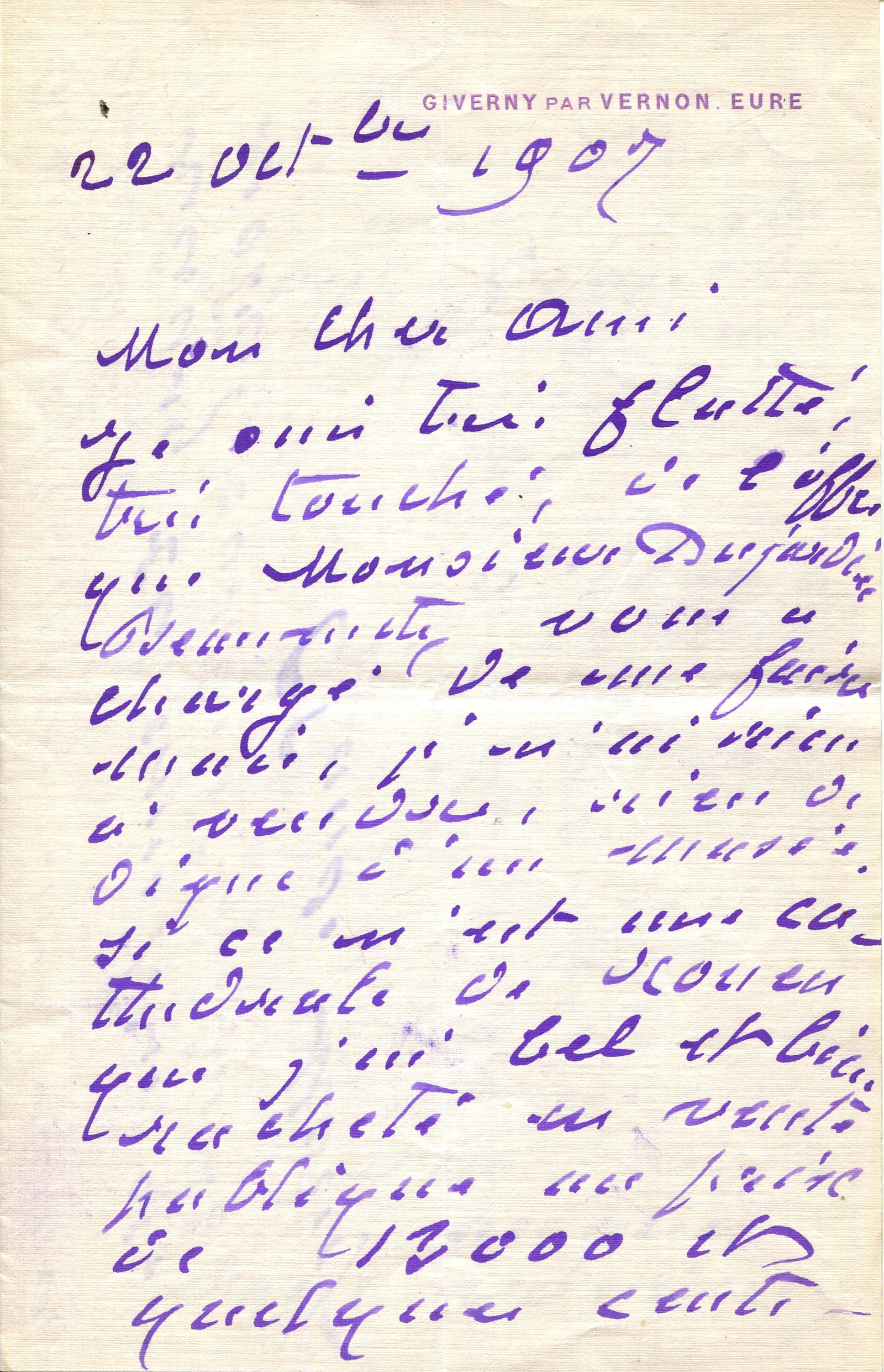 MONET CLAUDE: (1840-1926) Monet negotiates the sale of one of his favourite Rouen Cathedral: MONET CLAUDE: (1840-1926) French Impressionist painter. An interesting and important A.L.S., Claude Monet, three pages, 8vo, Giverny par Vernon, Eure, 22nd October 1907, to a friend (Georges