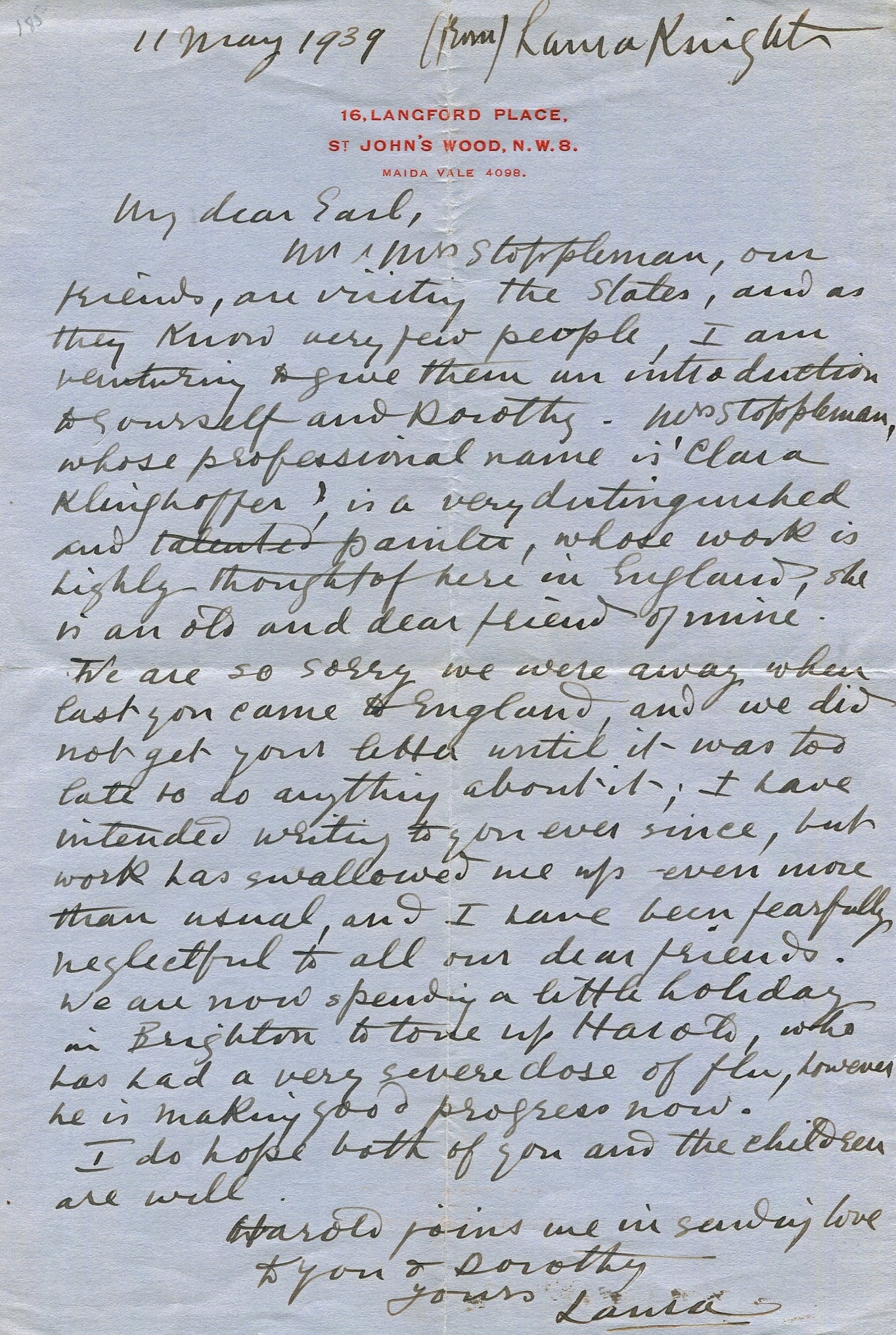 KNIGHT LAURA: (1877-1970): KNIGHT LAURA: (1877-1970) English artist. A.L.S., Laura, and again Laura Knight at the head, one page, slim 4to, St. John's Wood, London, 11th May 1939, to 'My dear Earl'. Knight writes a frie