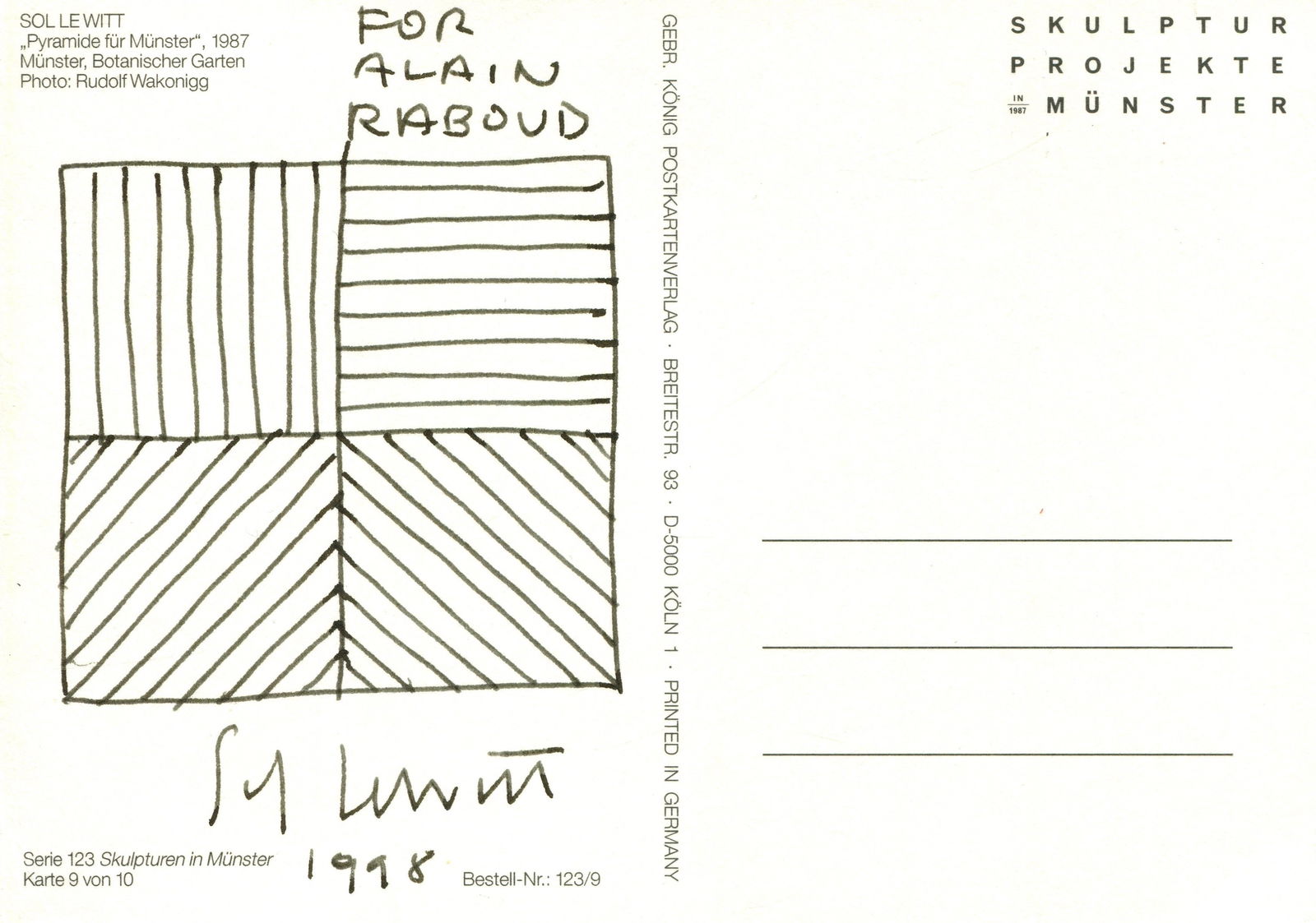 LEWITT SOL: (1928-2007): LEWITT SOL: (1928-2007) American artist associated with various movements including conceptual art and minimalism. An excellent signed and inscribed 4 x 6 colour picture postcard, the image depicting