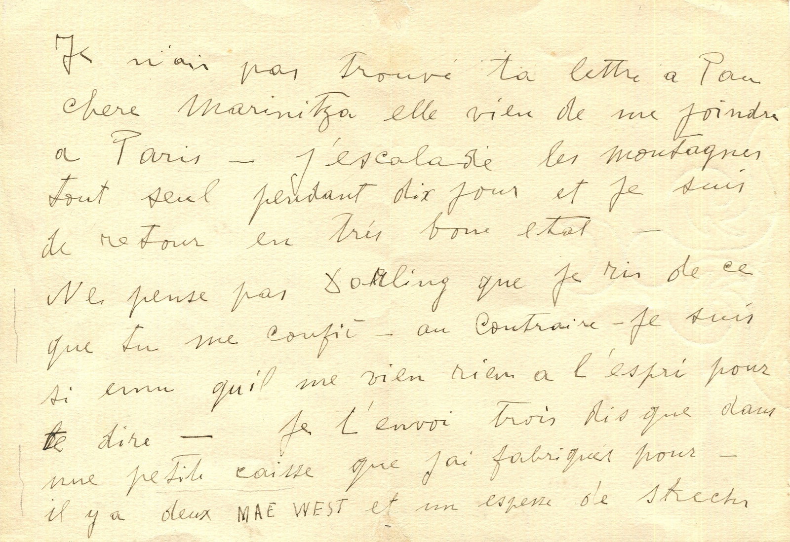 BRANCUSI CONSTANTIN: (1876-1957): BRANCUSI CONSTANTIN: (1876-1957) Romanian Sculptor and Painter. A.L.S., `Brancusi´, one page, small oblong 4to, n.p. [Paris], n.d. [Januray-March 1935], to Marina Chaliapin, in broken French. The