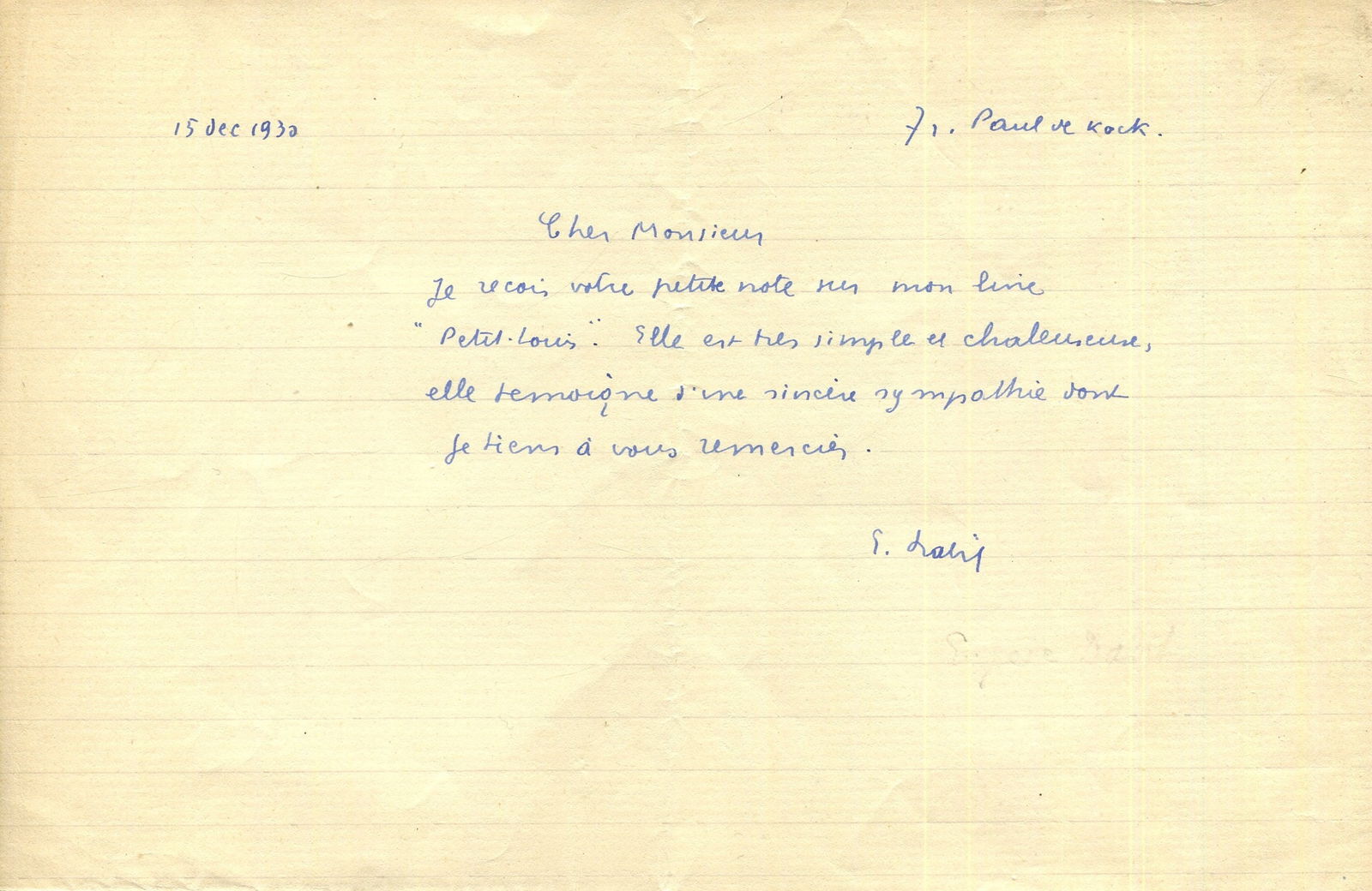 DABIT EUGENE: (1898-1936): DABIT EUGENE: (1898-1936) French socialist writer whose novel L'Hôtel du Nord (1929) was adapted into a film directed by Marcel Carne in 1938. A.L.S., E. Dabit, one page,