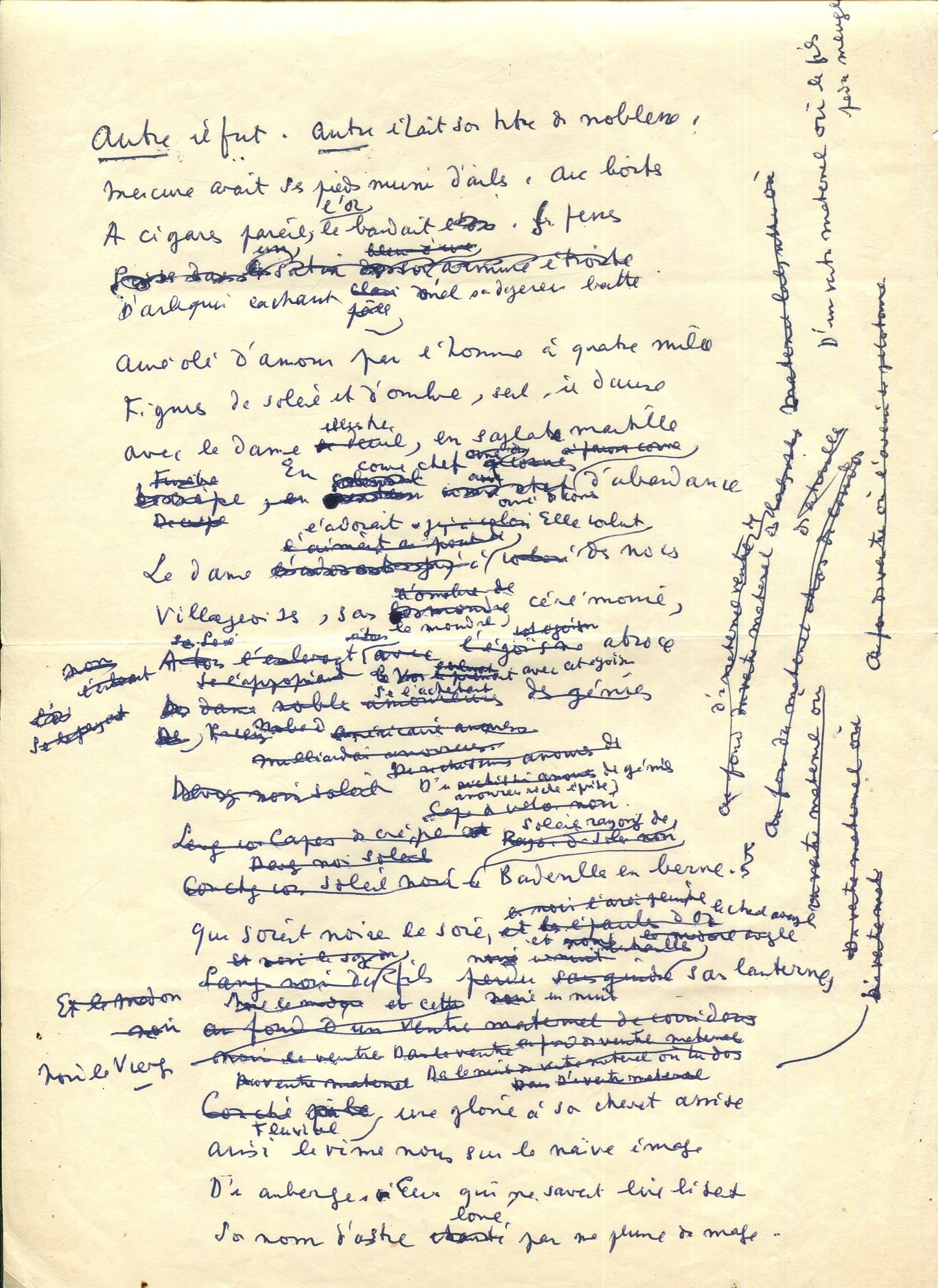 COCTEAU JEAN: (1889-1963): COCTEAU JEAN: (1889-1963) French Poet, Playwright, Novelist, Artist, Filmmaker and Critic. An exceptional and lengthy autograph draft poem by Cocteau, one page, folio, in French. The poem being a