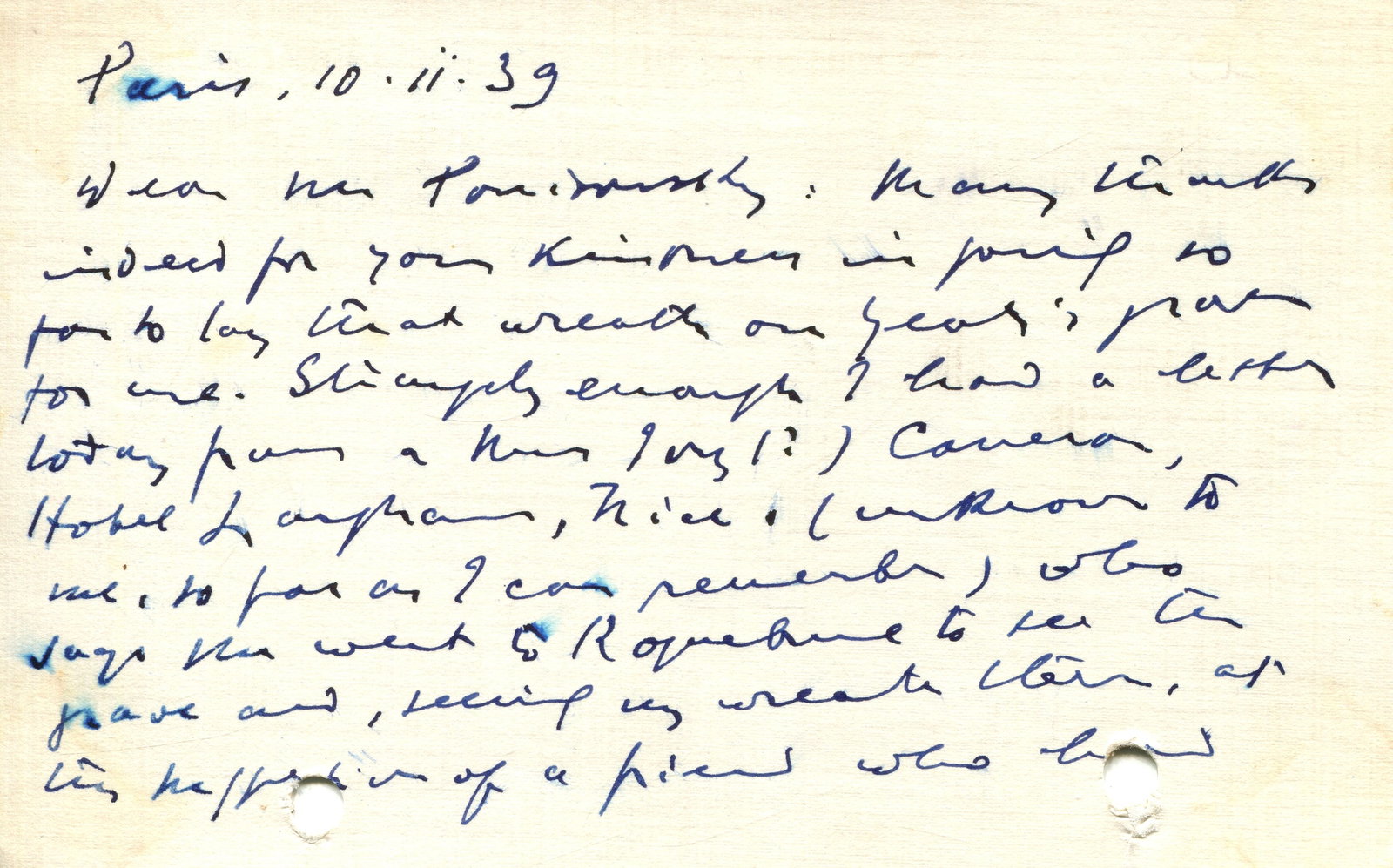 JOYCE JAMES: (1882-1941) Joyce pays his final respects to Yeats: JOYCE JAMES: (1882-1941) Irish novelist and poet. A.L.S., James Joyce, to the recto and verso of a plain correspondence card, Paris, 10th February 1939, to [Alex] Ponisovsky. Joyce commences his