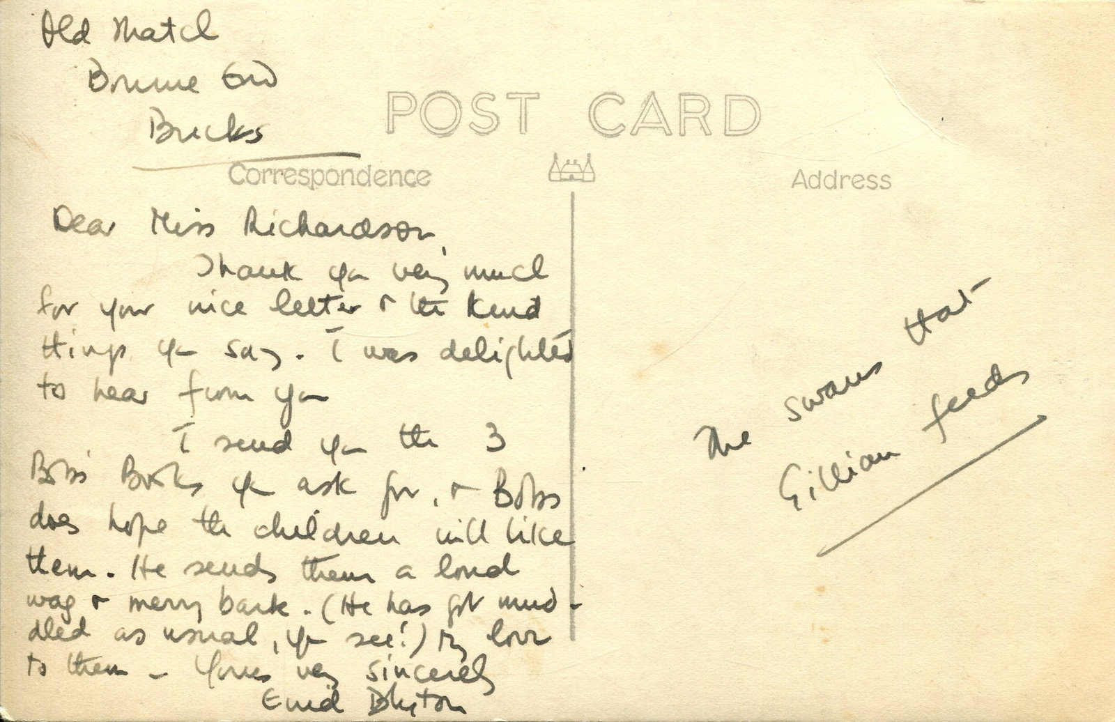 BLYTON ENID: (1897-1968): BLYTON ENID: (1897-1968) English children's writer. A.L.S., Enid Blyton, to the verso of a postcard photograph (the image depicting several swans swimming together on a lake), Bourne End,