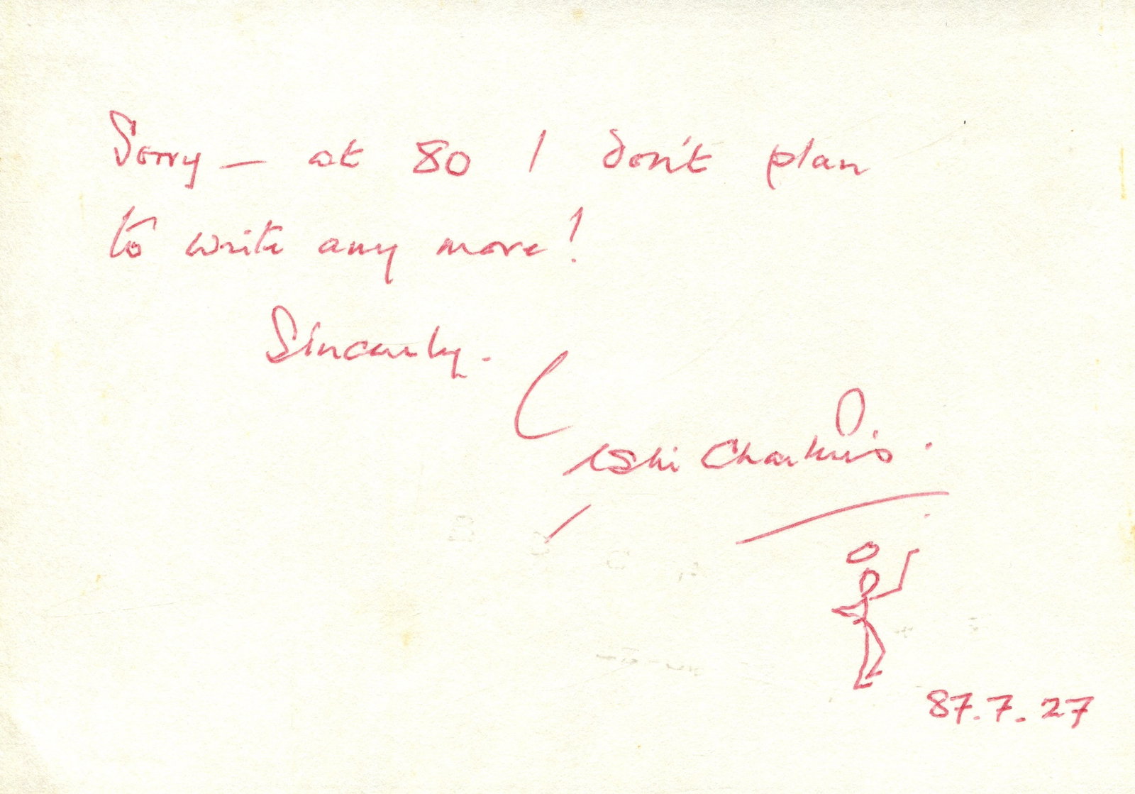 CHARTERIS LESLIE: (1907-1993): CHARTERIS LESLIE: (1907-1993) British-Chinese author of adventure fiction, creator of the charming hero Simon Templar, alias The Saint. A.N.S., Leslie Charteris, one page, oblong 12mo, n.p., 27th