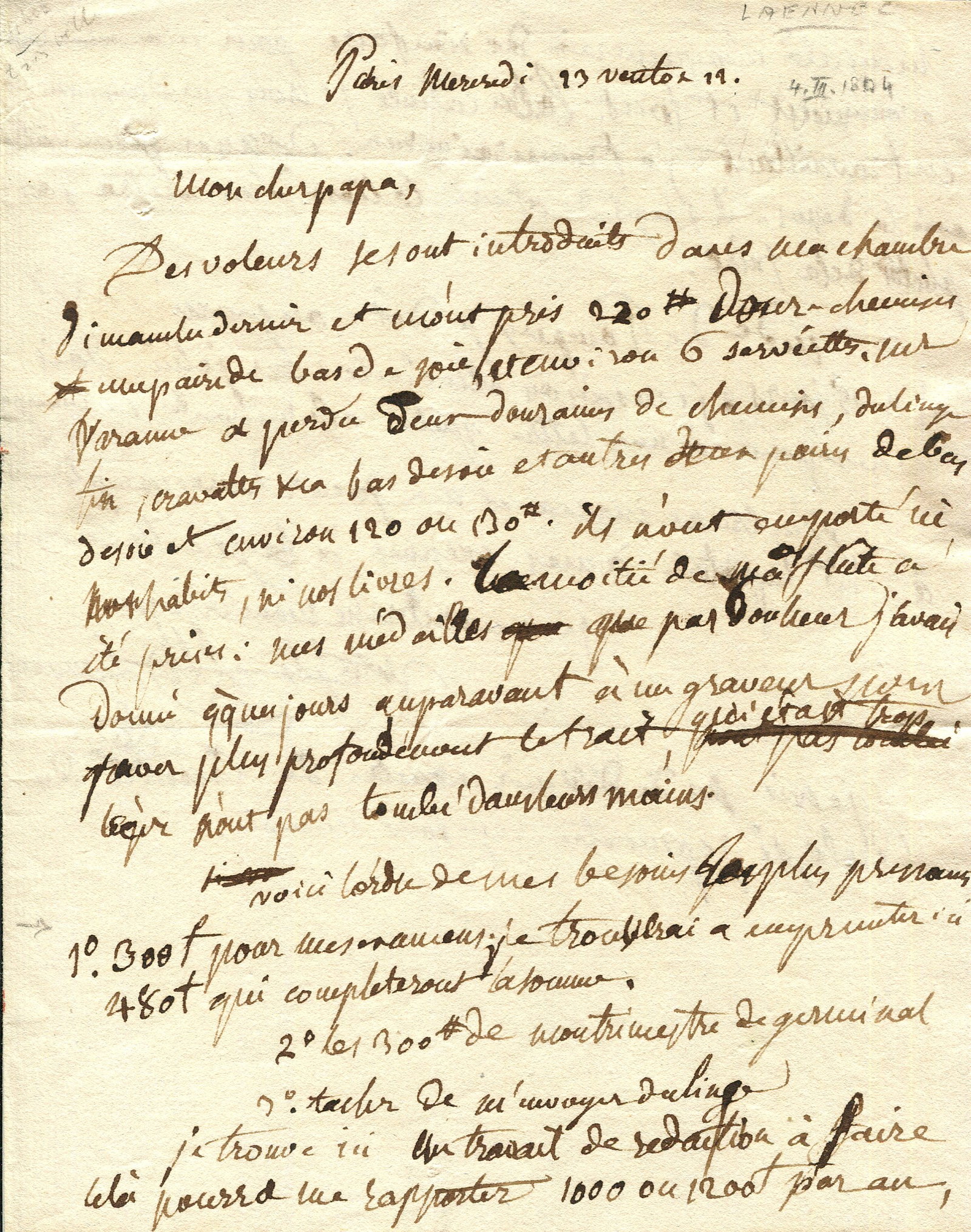 LAENNEC RENE: (1781-1826): LAENNEC RENE: (1781-1826) French physician who invented the stethoscope in 1816 and pioneered its use in diagnosing various chest conditions. A rare A.L.S., R T H Laennec, two pages, small 4to,