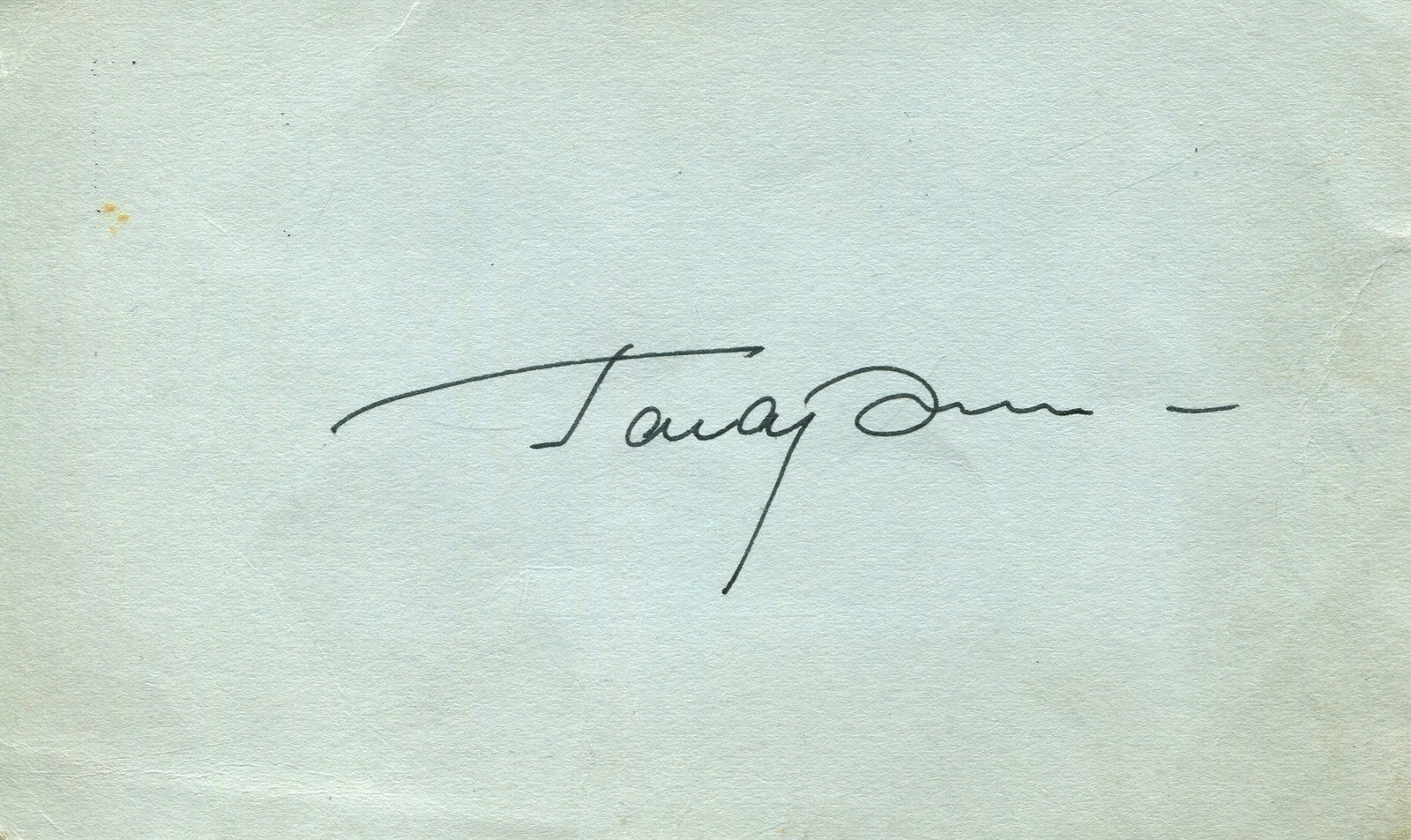 GAGARIN YURI: (1934-1968): GAGARIN YURI: (1934-1968) Soviet cosmonaut, the first human to journey into outer space, travelling on Vostok 1, 12th April 1961. A good, black ink signature to the centre of a plain pale blue oblong