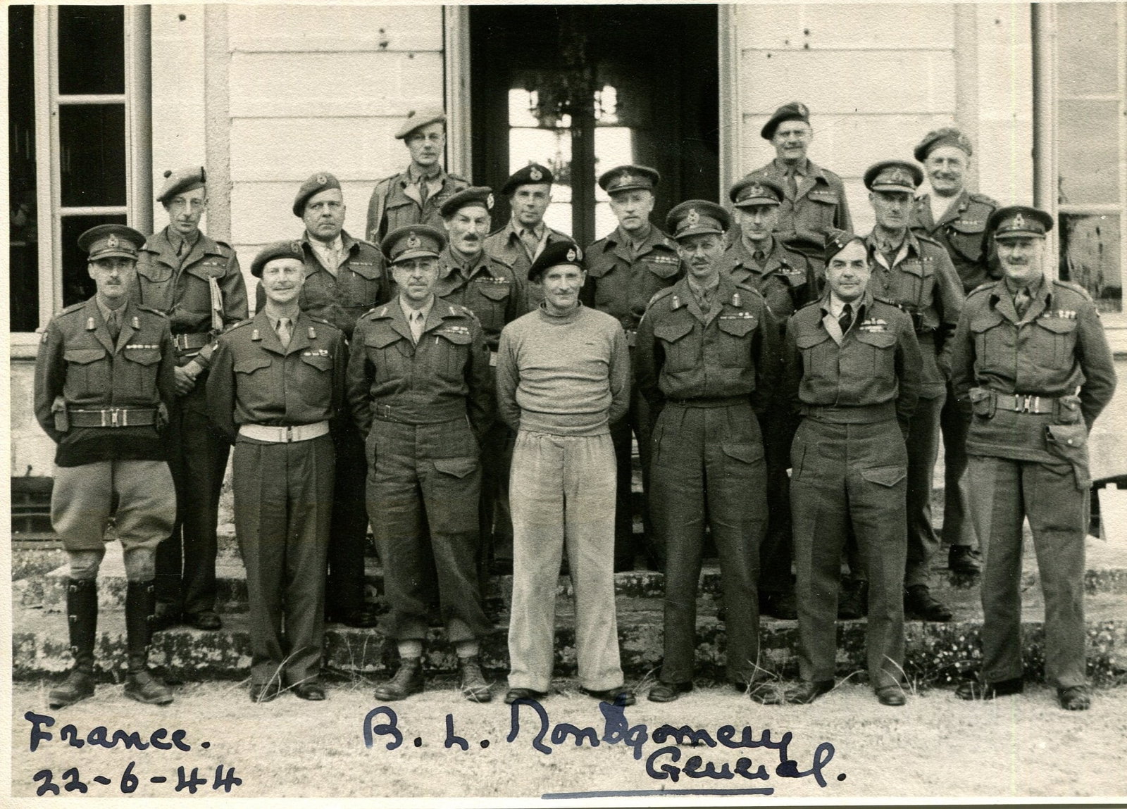 MONTGOMERY B. L.: (1887-1976) Signed in the same month as D-Day, the Allied invasion of Normandy on: MONTGOMERY B. L.: (1887-1976) British Field Marshal of World War II. An excellent vintage signed World War II date 6 x 4.5 photograph by Montgomery, the image depicting the General standing in a