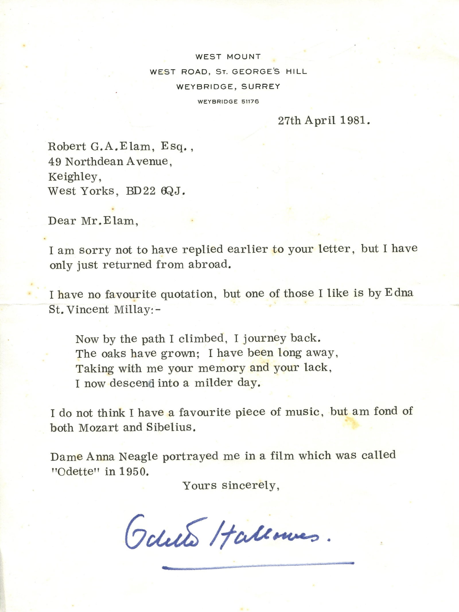 HALLOWES ODETTE: (1912-1995): HALLOWES ODETTE: (1912-1995) French-born British agent with the Special Operations Executive (SOE) in World War II, the first woman to be awarded the George Cross. T.L.S., Odette Hallowes, one page,