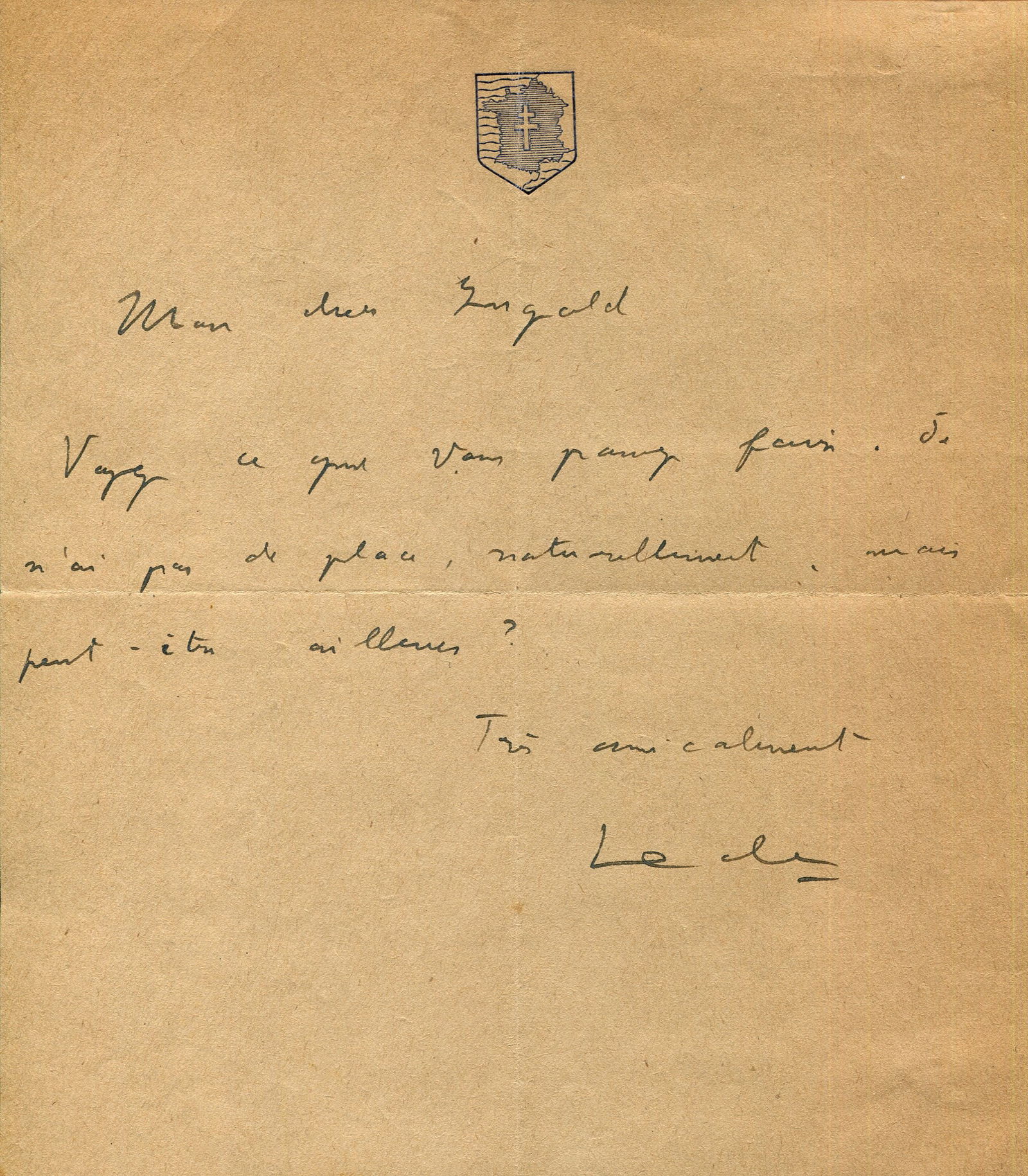 LECLERC DE HAUTECLOCQUE PHILIPPE: (1902-1947): LECLERC DE HAUTECLOCQUE PHILIPPE: (1902-1947) French General of World War II, posthumously appointed a Marshal of France. A rare A.L.S., Leclerc, one page, 8vo, n.p., n.d. (December 1944?), to General