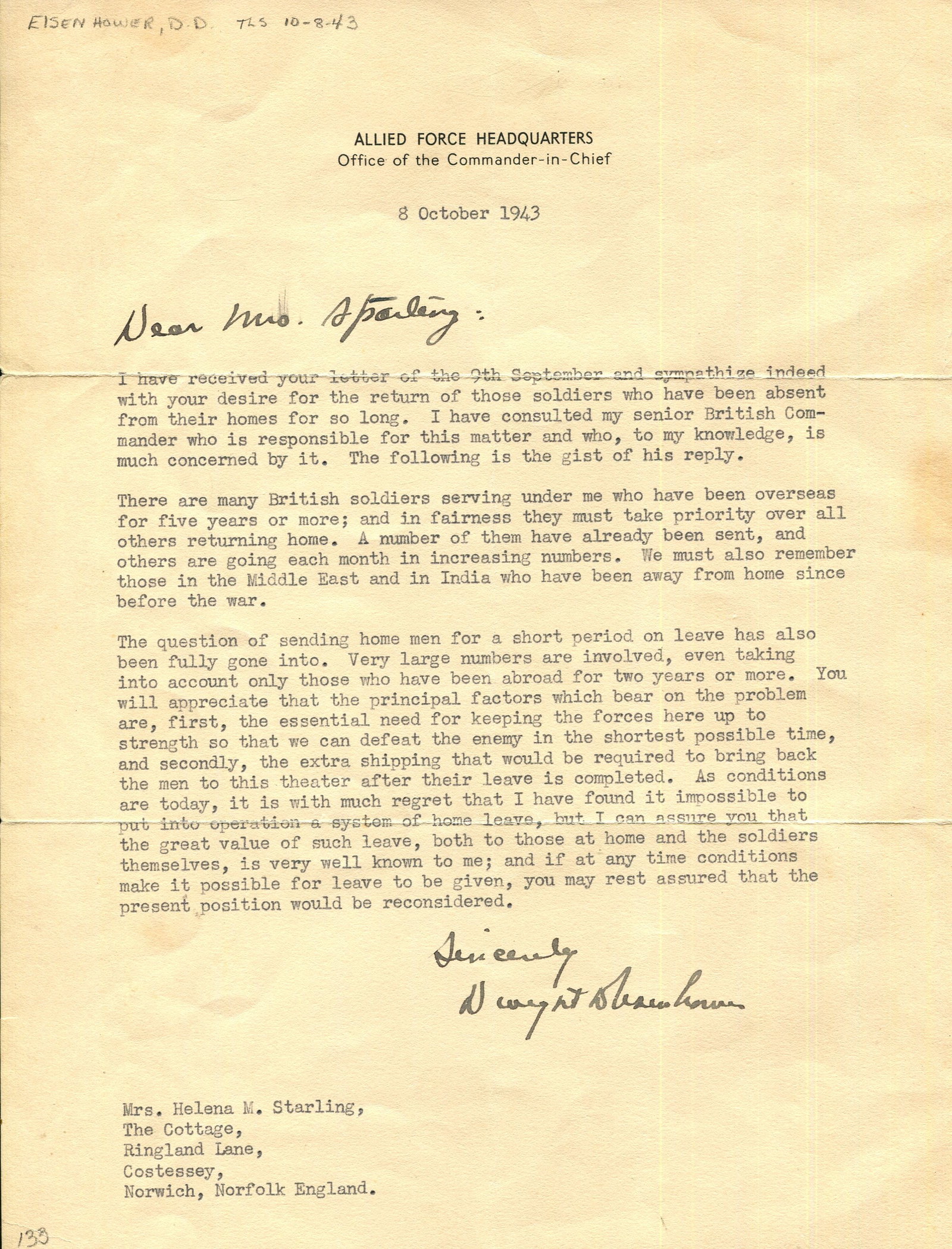 EISENHOWER DWIGHT D.: (1890-1969) Eisenhower explains that defeating ´ the enemy in the shortest (1 of 2)