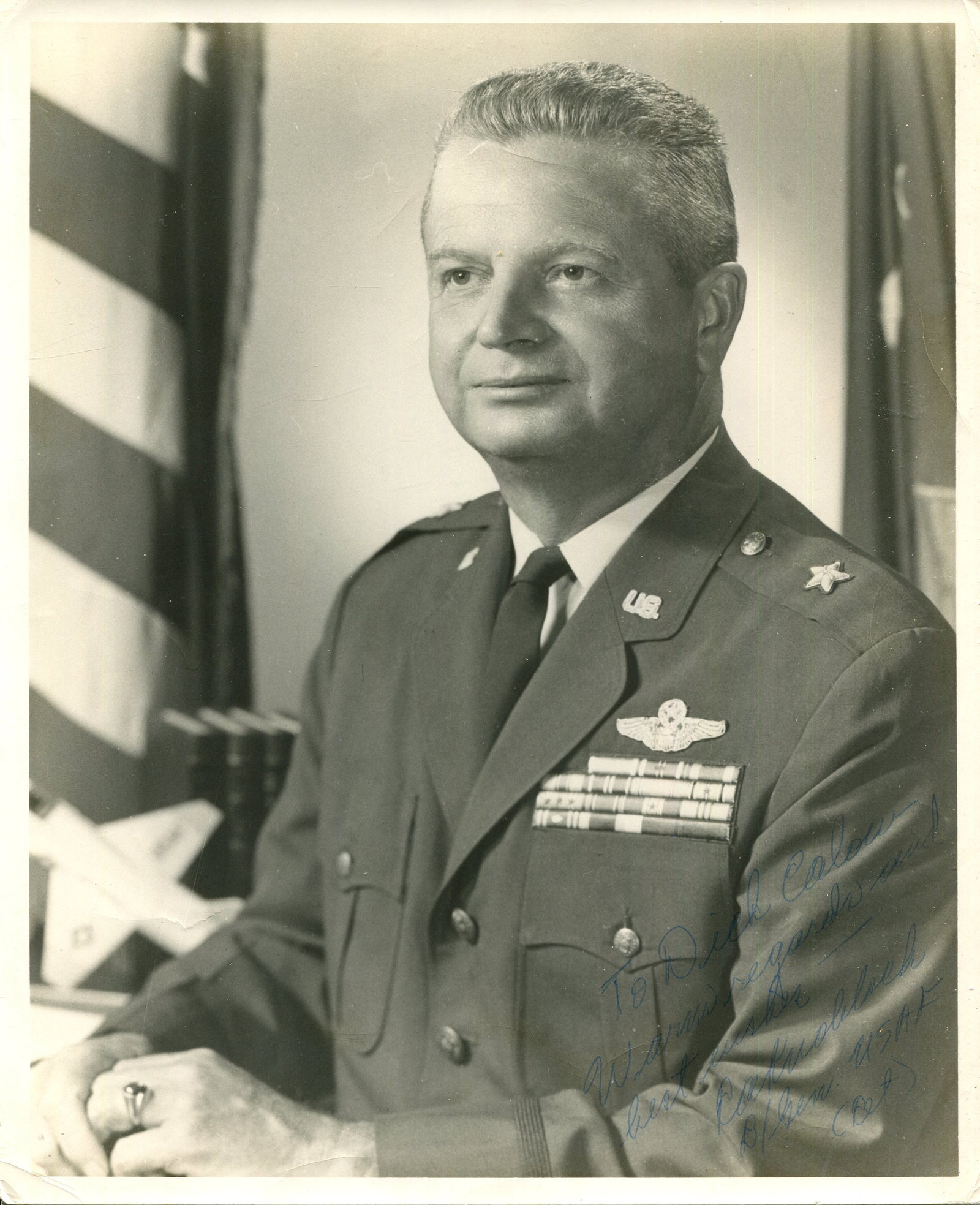 KNOBLOCH RICHARD A.: (1918-2001) (x2): KNOBLOCH RICHARD A.: (1918-2001) American Brigadier General with the United States Air Force during World War II, who participated in the Doolittle Raid. Signed and inscribed 8 x 10 photograph of