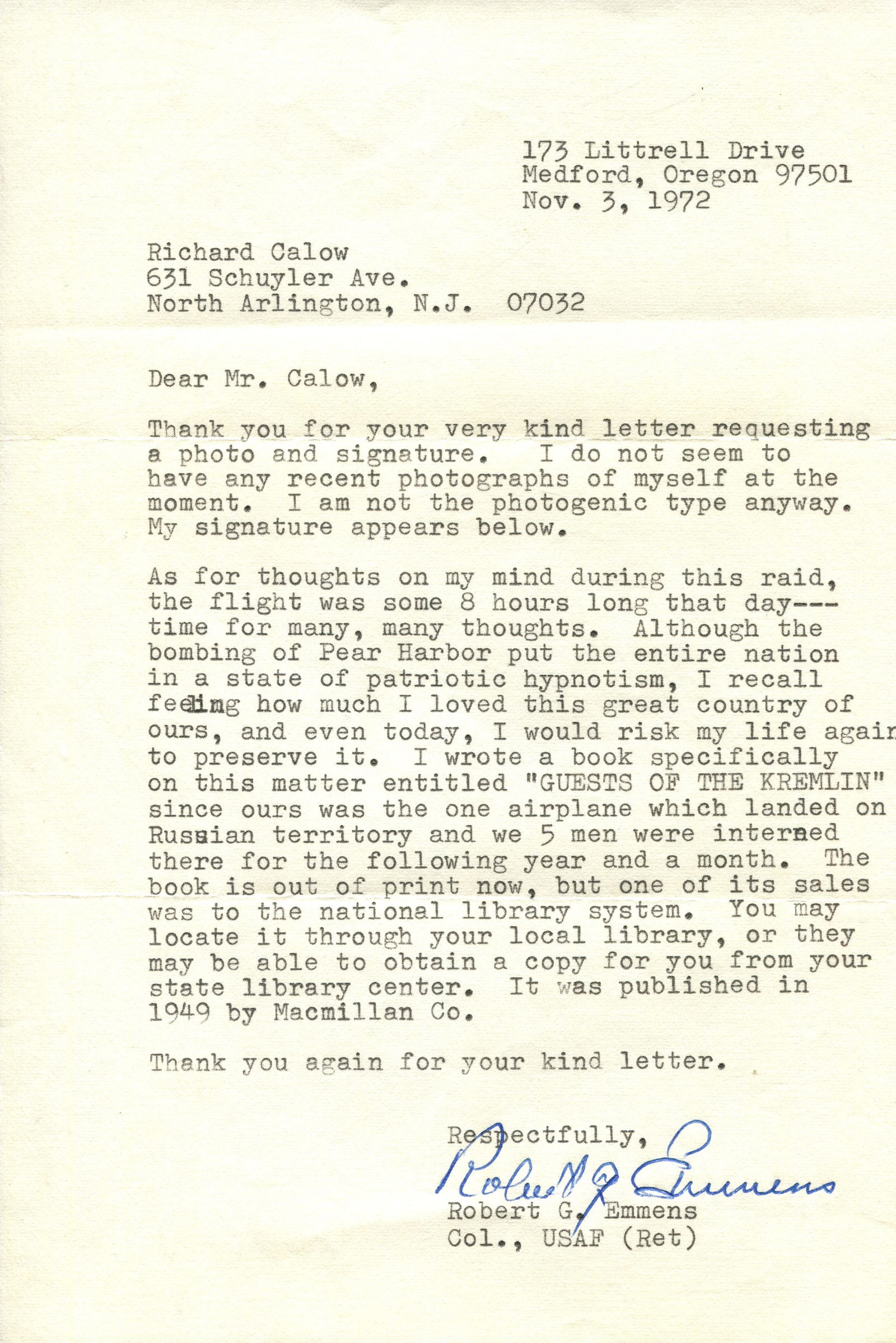 EMMENS ROBERT G.: (1914-1992) (+1): EMMENS ROBERT G.: (1914-1992) American Colonel with the United States Army Air Forces during World War II, who participated in the Doolittle Raid. T.L.S., Robert G. Emmens, one page, 8vo, Medford,