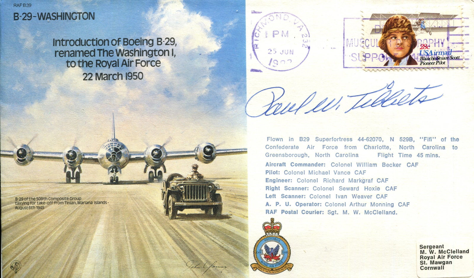 TIBBETS PAUL W.: (1915-2007): TIBBETS PAUL W.: (1915-2007) American Brigadier General in the United States Air Force, pilot of the Enola Gay, the first aircraft to drop an atomic bomb, Hiroshima, 6th August 1945. Signed