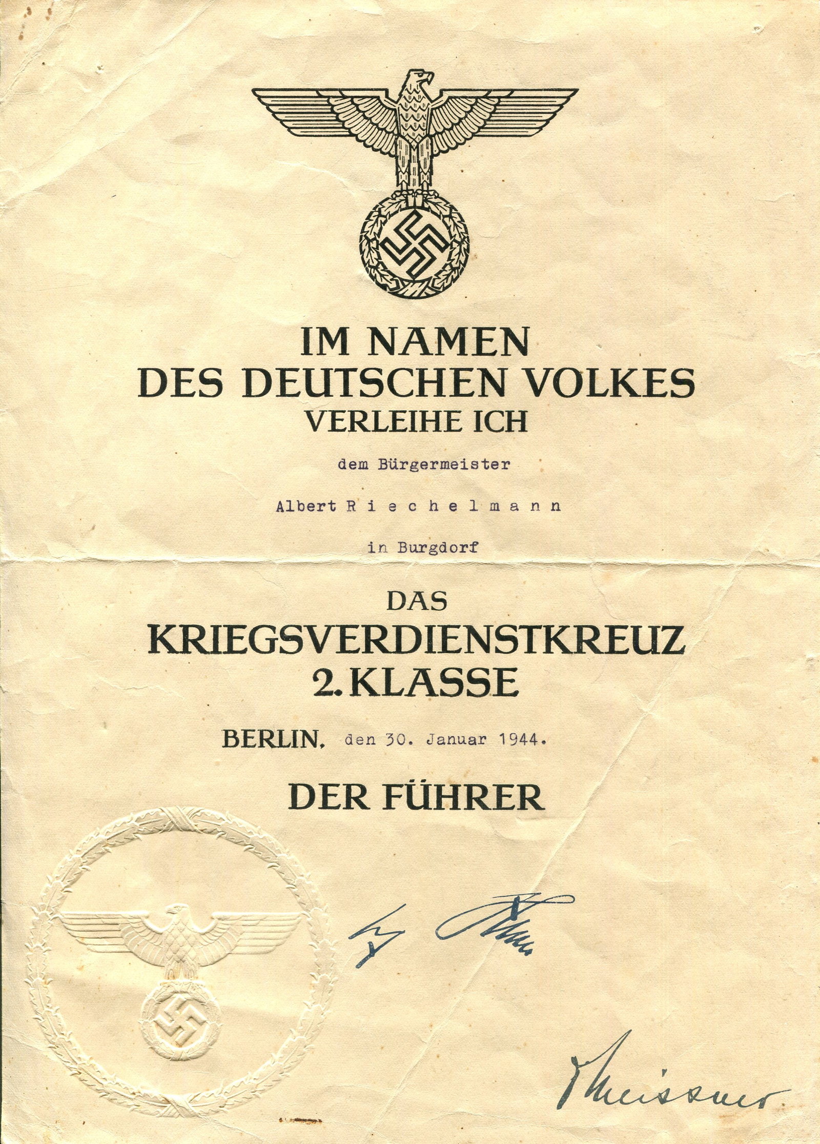 [HITLER ADOLF]: (1889-1945) & [MEISSNER OTTO] (1880-1953) (1 of 1)