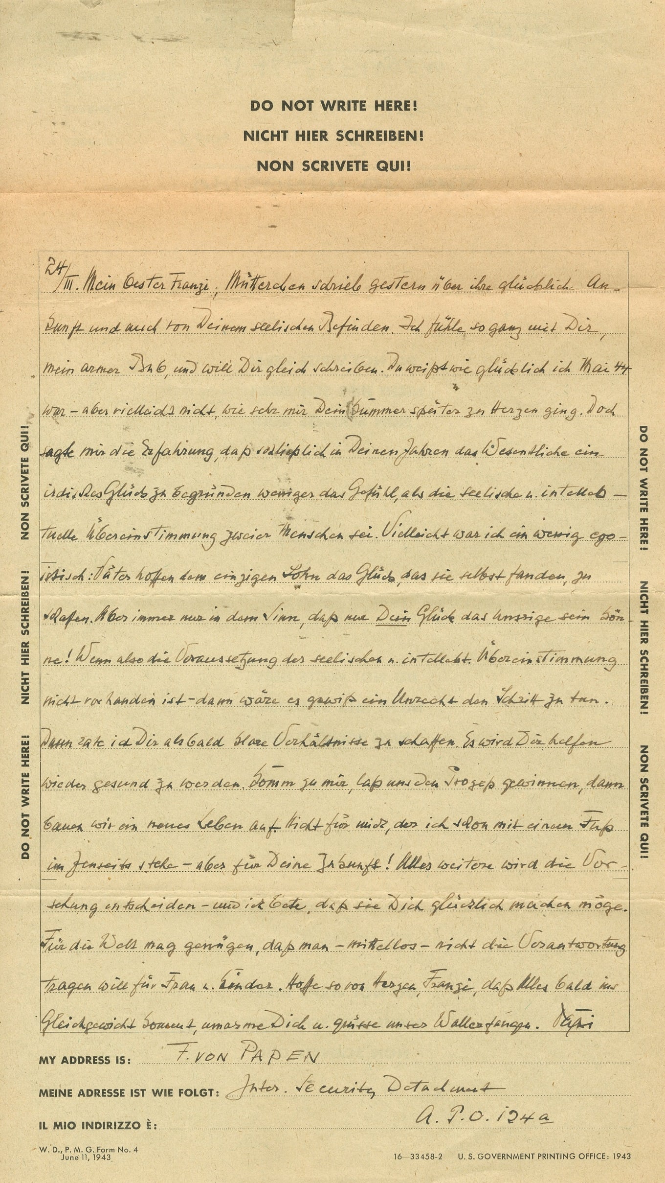 PAPEN FRANZ VON: (1879-1969) ´ Perhaps I was a rather egotistical father´ (1 of 2)