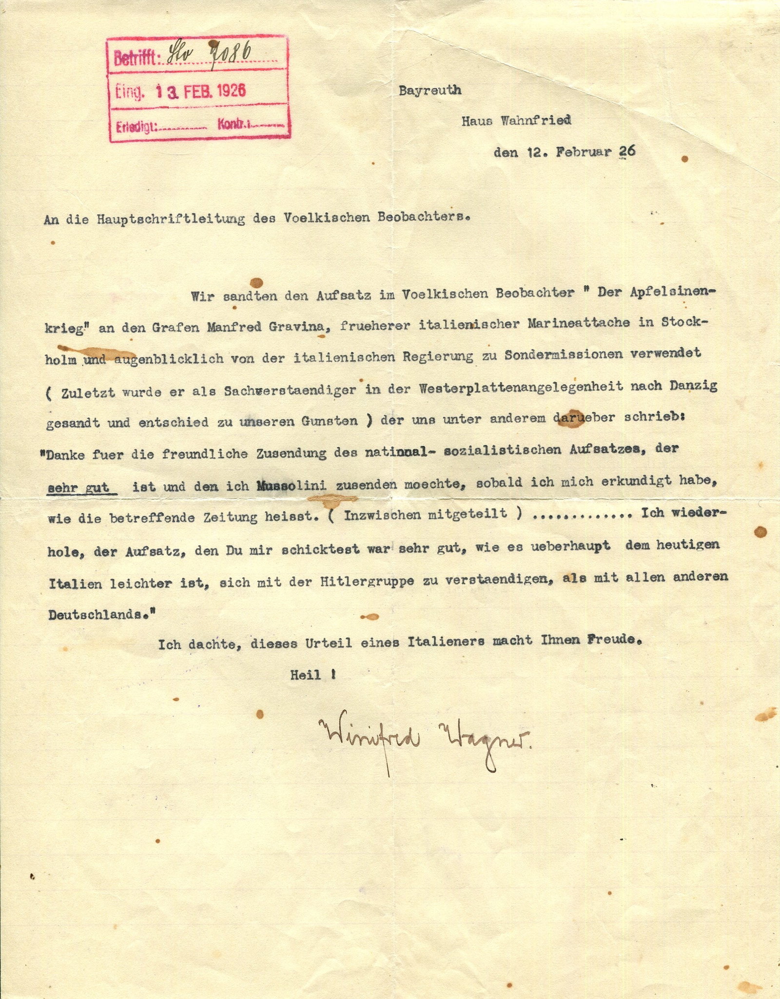 WAGNER WINIFRED: (1897-1980): WAGNER WINIFRED: (1897-1980) English-born wife of composer and conductor Siegfried Wagner, the son of composer Richard Wagner. Winifred Wagner, who ran the annual Bayreuth Festival from 1930-45, was