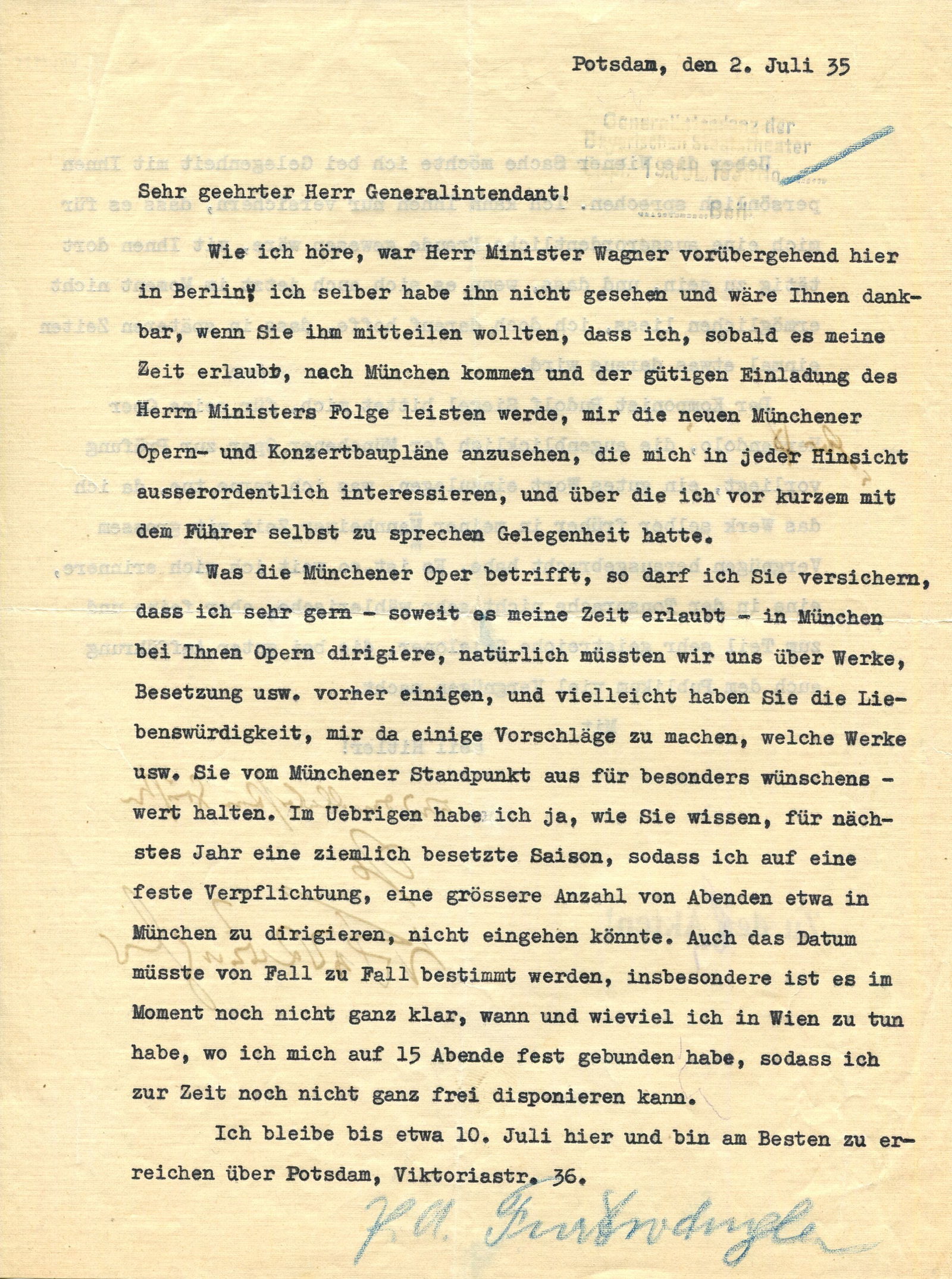 FURTWANGLER WILHELM: (1886-1954) ´ Heil Hitler´: FURTWANGLER WILHELM: (1886-1954) German conductor. An extraordinary T.L.S., W Furtwangler, with a brief holograph subscription and one significant holograph correction in the text, two pages, 4to,