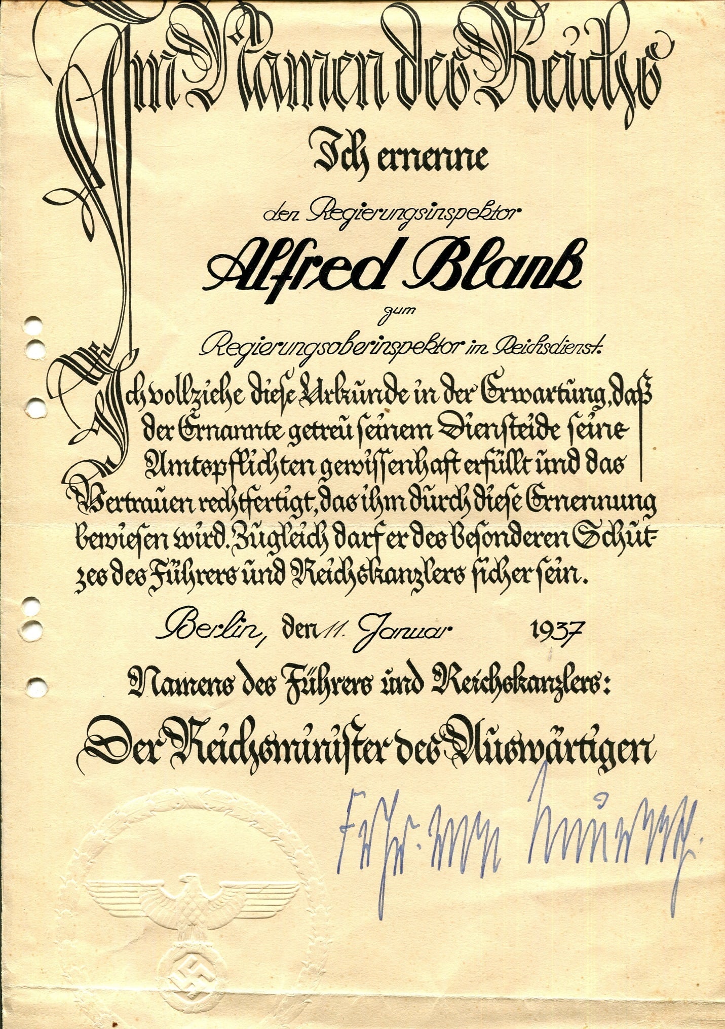 NEURATH KONSTANTIN VON: (1873-1956): NEURATH KONSTANTIN VON: (1873-1956) German diplomat who served as Foreign Minister of Germany 1932-38. D.S., Frhr. von Neurath, one page, folio, Berlin, 11th January 1937, in German. The partially