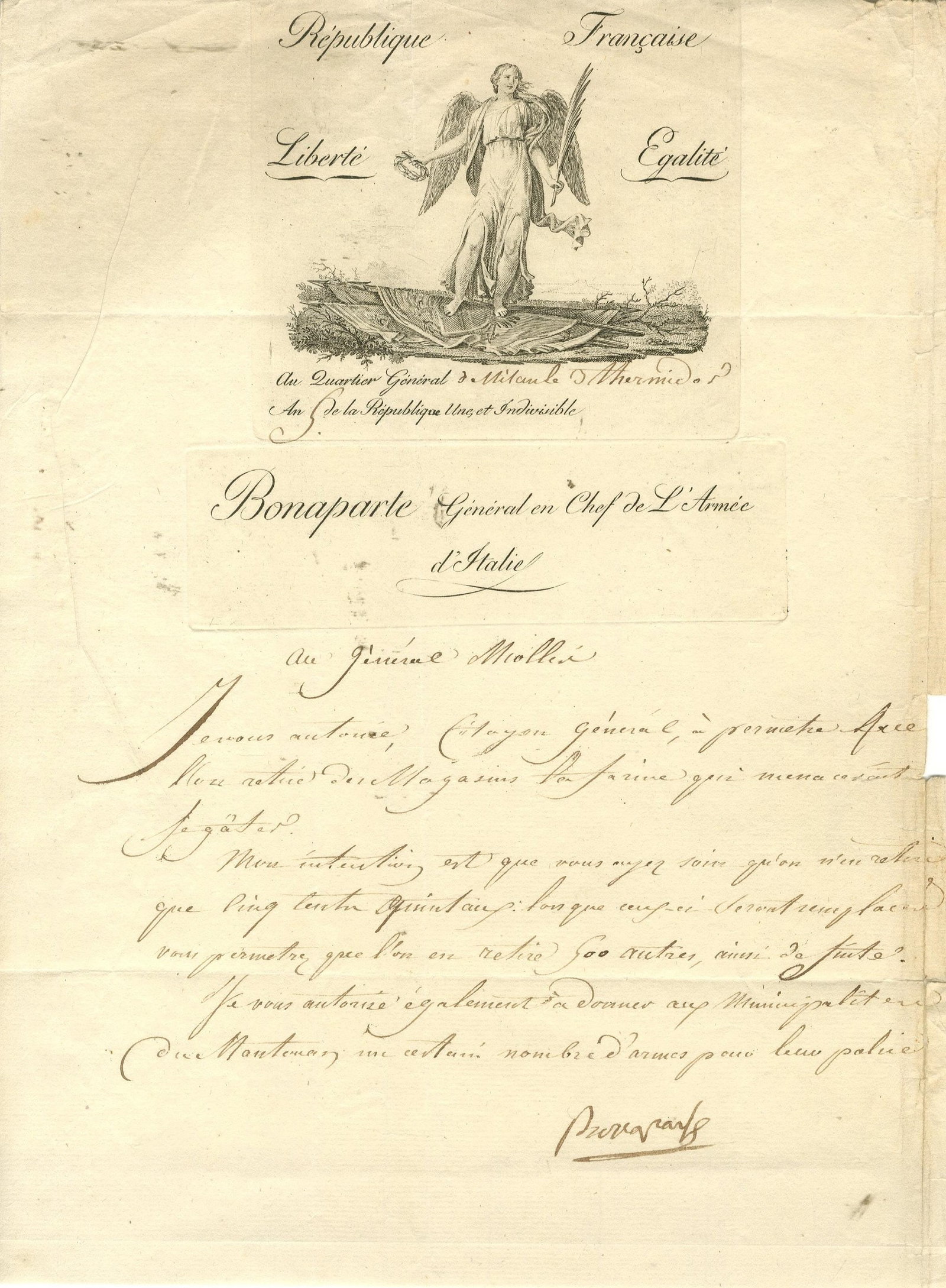 NAPOLEON I: (1769-1821): NAPOLEON I: (1769-1821) Emperor of France 1804-14, 1815. An excellent and very clean L.S., `Bonaparte´, a bold ink signature, one page, 4to, Milan headquarters, 21st July 1797, in French. The letter