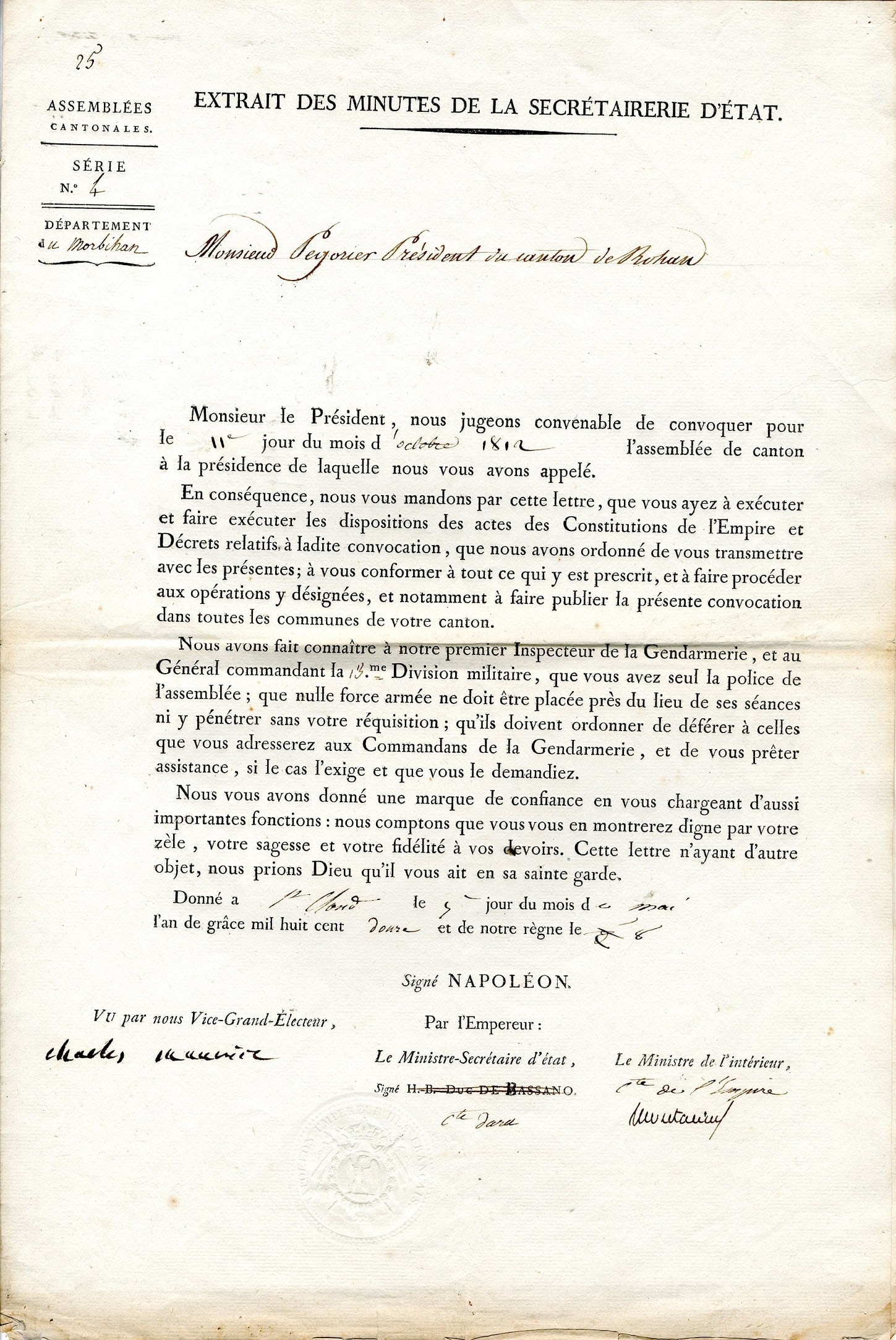 TALLEYRAND-PÉRIGORD CHARLES MAURICE DE: (1754-1838): TALLEYRAND-PÉRIGORD CHARLES MAURICE DE: (1754-1838) French Diplomat and Statesman. Prime Minister of France July-September 1815. D.S., `Charles Maurice´, one page, large folio, Saint Cloud, 5th May