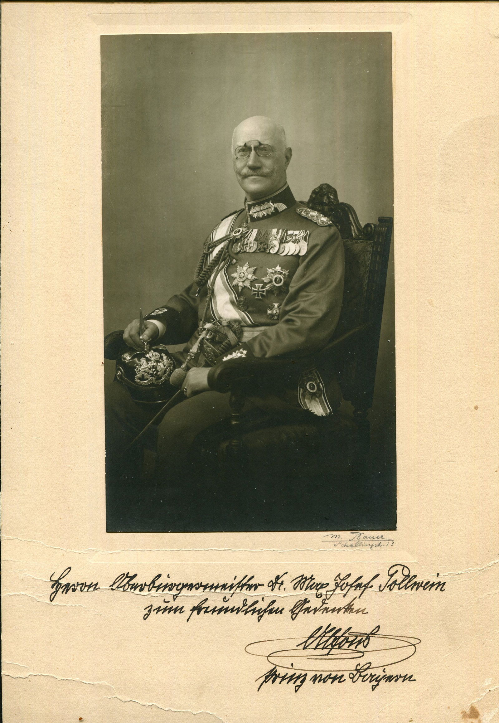 ALFONS OF BAVARIA: (1862-1933): ALFONS OF BAVARIA: (1862-1933) German Prince and General of Cavalry. Vintage signed and inscribed 8 x 13 photograph of the Prince seated in a full-length pose wearing pince-nez glasses and the