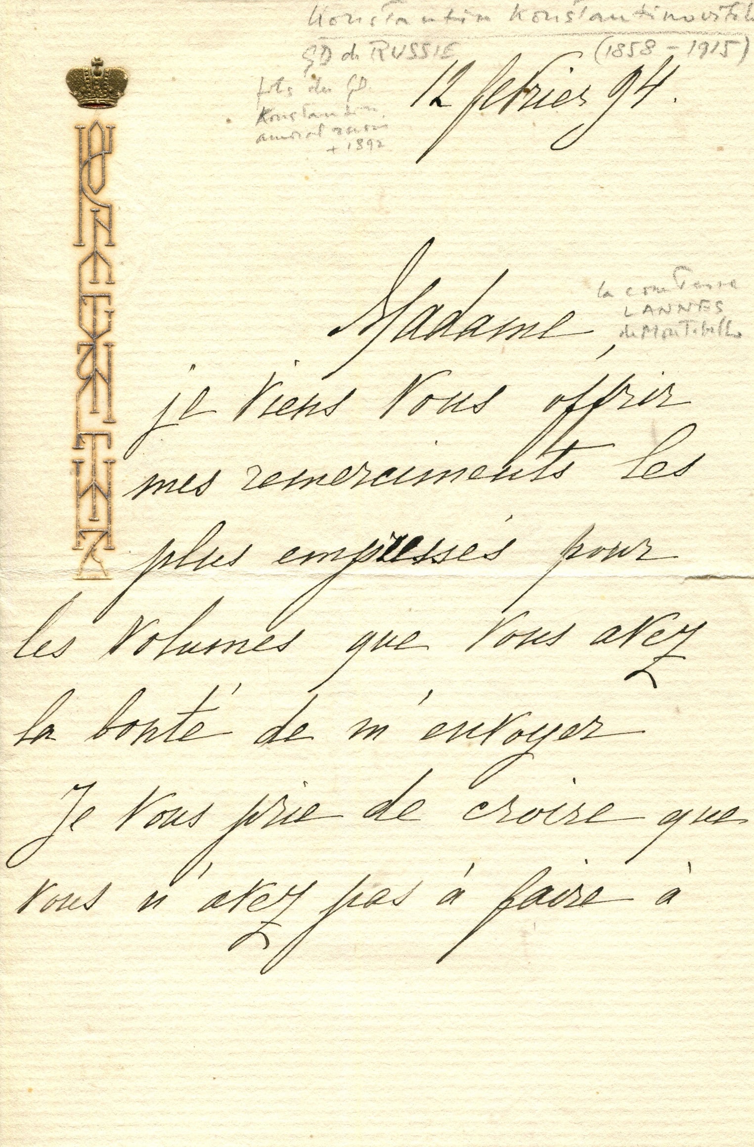 GRAND DUKE KONSTANTIN KONSTANTINOVICH: (1858-1915): GRAND DUKE KONSTANTIN KONSTANTINOVICH: (1858-1915) Grand Duke of Russia. Grandson of Emperor Nicholas I. Grand Duke Konstantin was a Poet and Playwright. A good A.L.S., Konstantin, two pages, 8vo, n.p