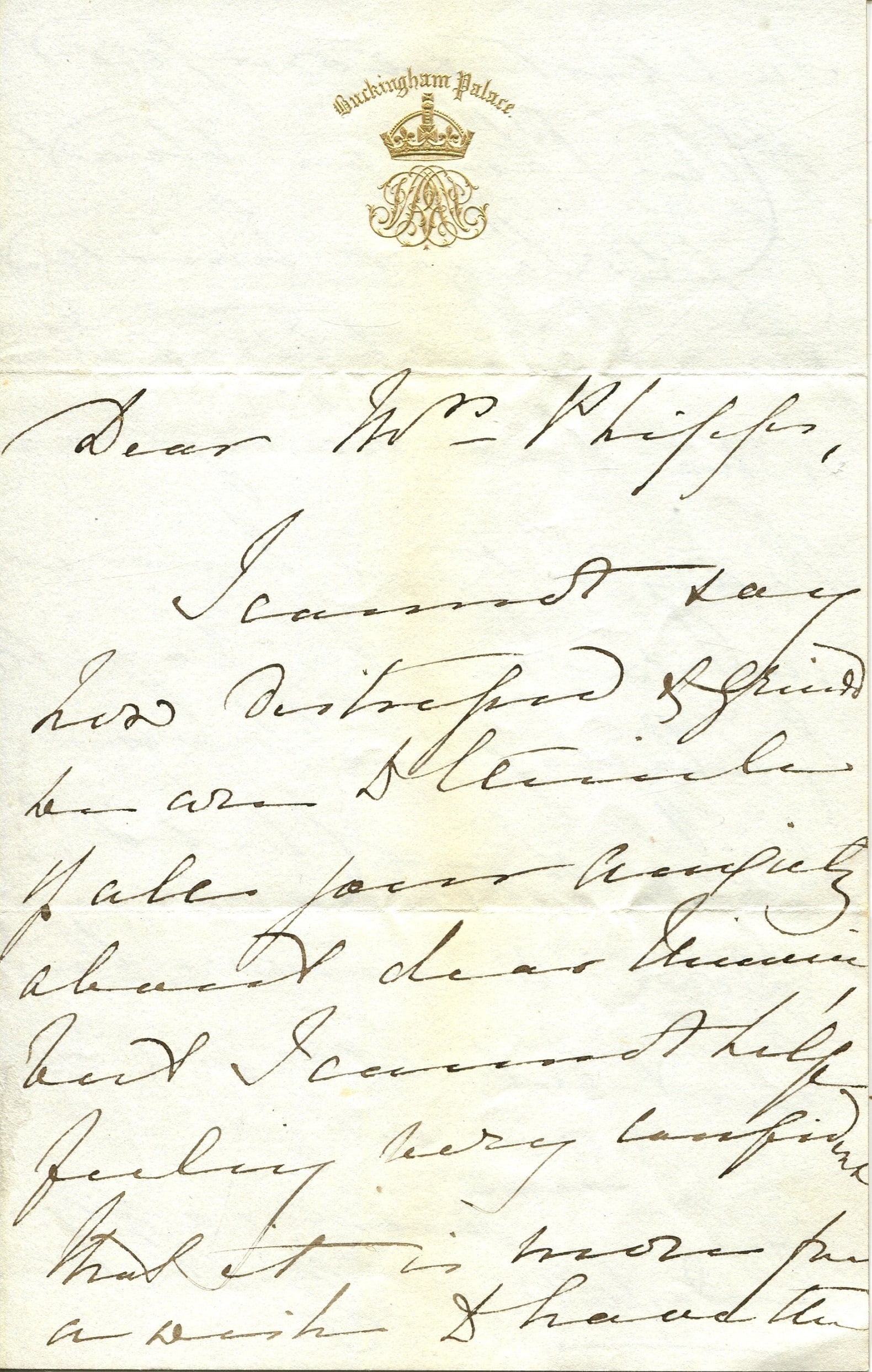 VICTORIA: (1819-1901): VICTORIA: (1819-1901) Queen of the United Kingdom of Great Britain and Ireland 1837-1901. A.L.S., with her initials VRI, two pages, 8vo, n.p. (London), n.d. (´Tuesday´; February 1856), to Mrs.